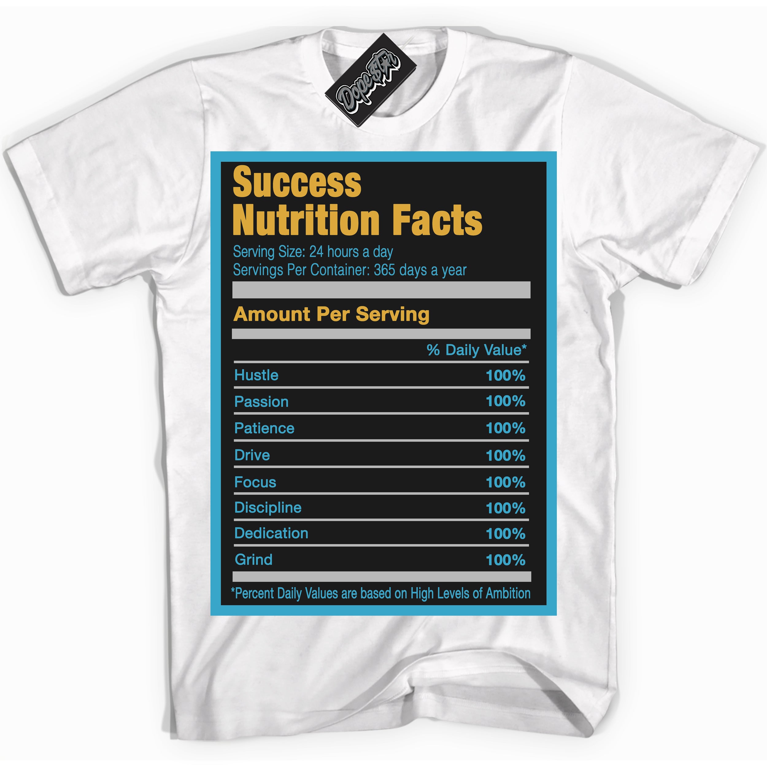 Cool White Shirt with “ Success Nutrition” design that perfectly matches Aqua 5s Sneakers.