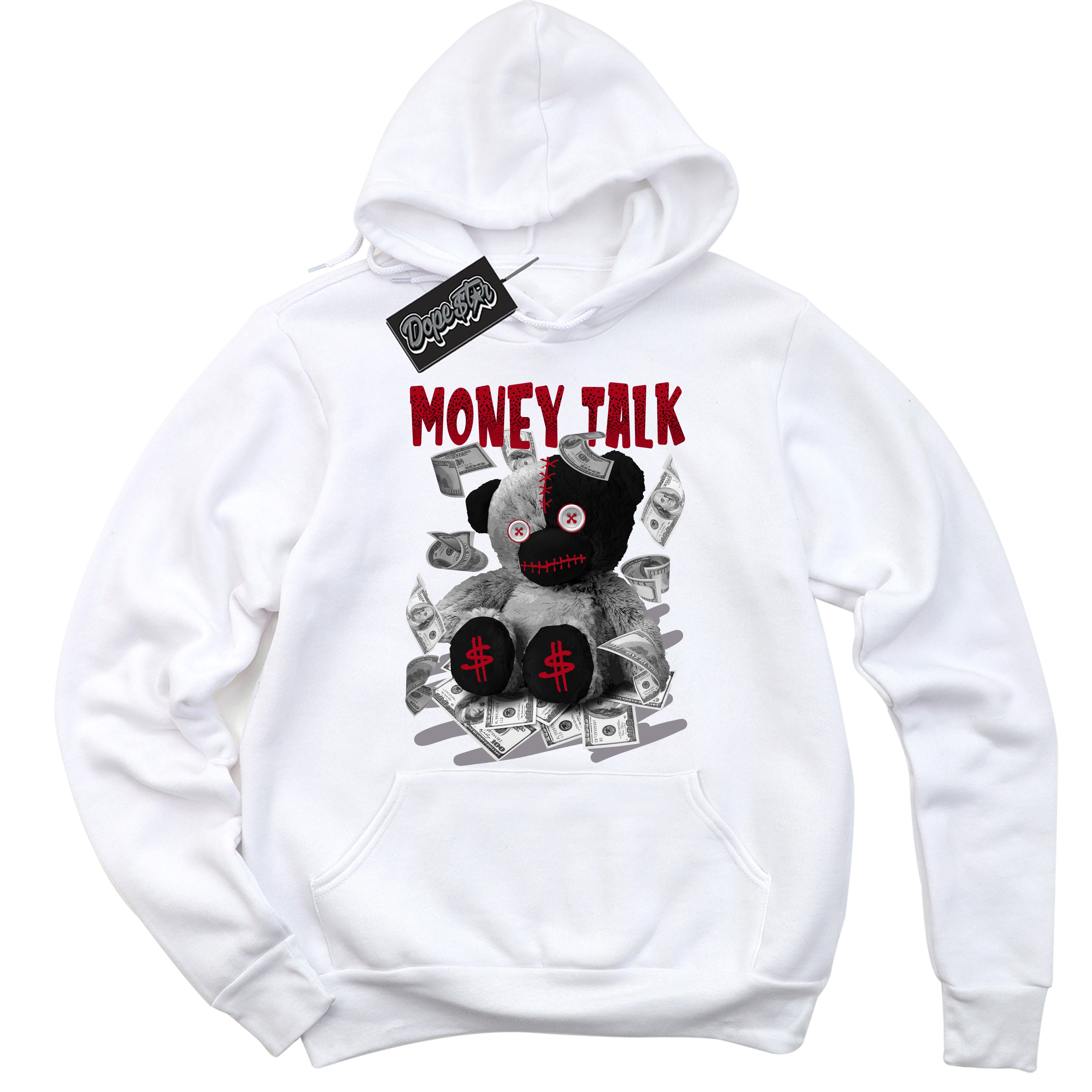 AJ5 Retro OG White Metallic Reimagined ‘Money Talk Bear’ – Black Streetwear Hoodie | Men's and Women's graphic sweatshirt by Sneaker Shirts Outlet.