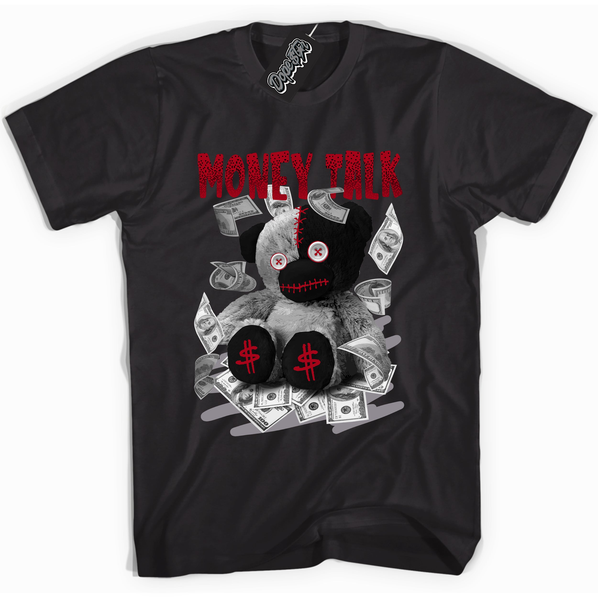 AJ5 Retro OG Black Metallic Reimagined “Money Talk Bear” black streetwear t-shirt and matching sneaker tee for men and women by Sneaker Shirts Outlet.