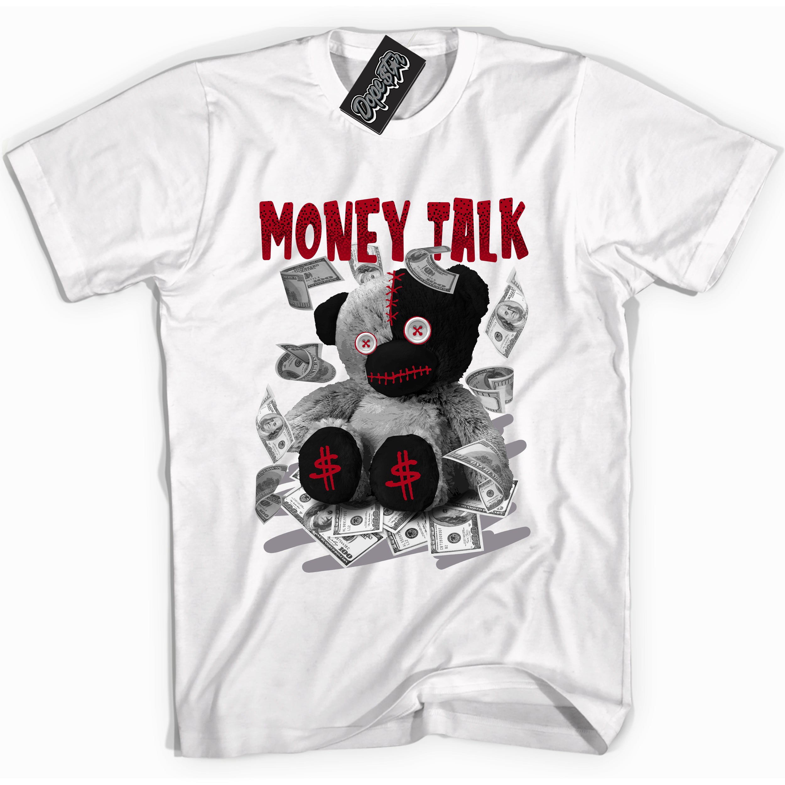 AJ5 Retro OG Black Metallic Reimagined “Money Talk Bear” white streetwear t-shirt and matching sneaker tee for men and women by Sneaker Shirts Outlet.