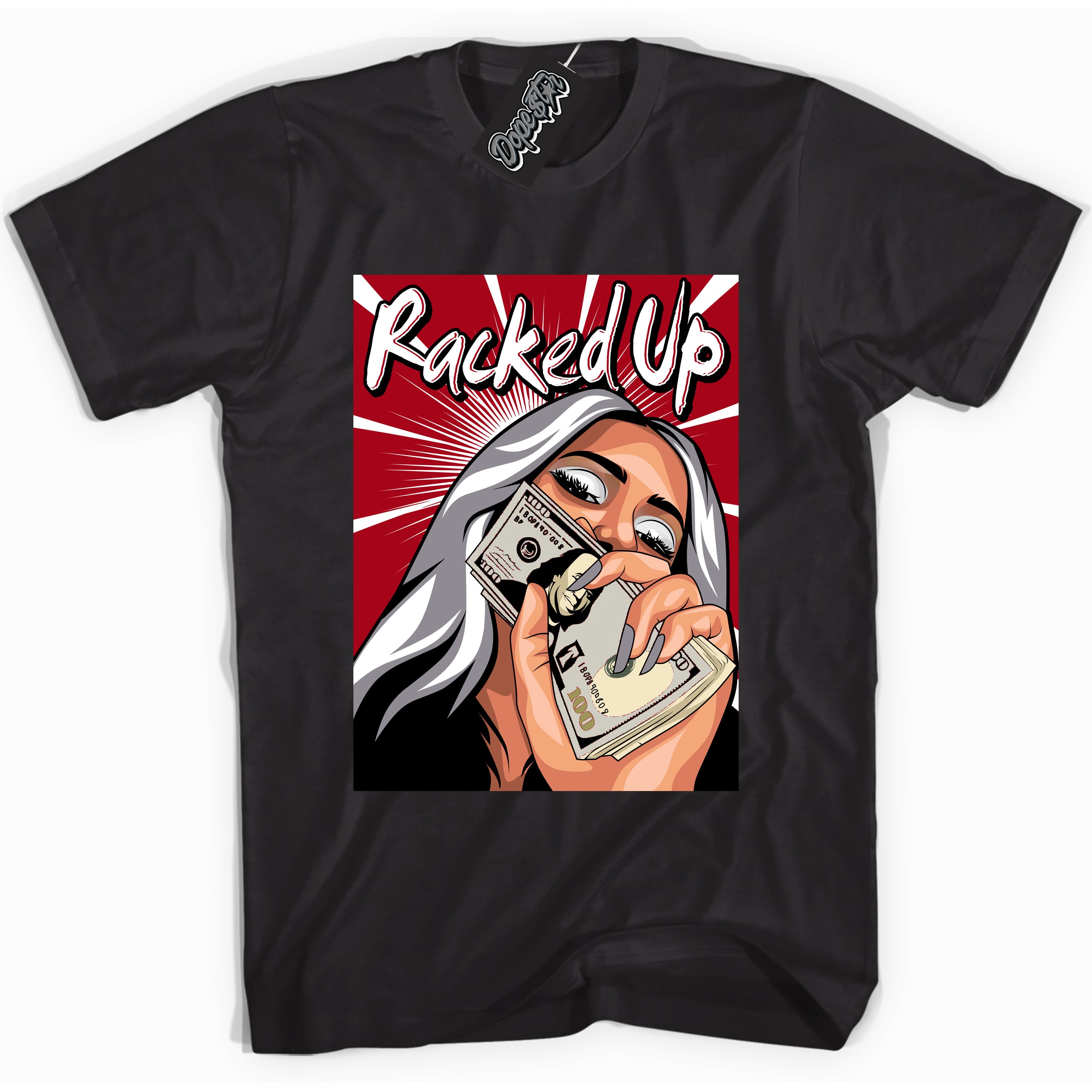 AJ5 Retro OG Black Metallic Reimagined “Racked Up” black streetwear t-shirt and matching sneaker tee for men and women by Sneaker Shirts Outlet.