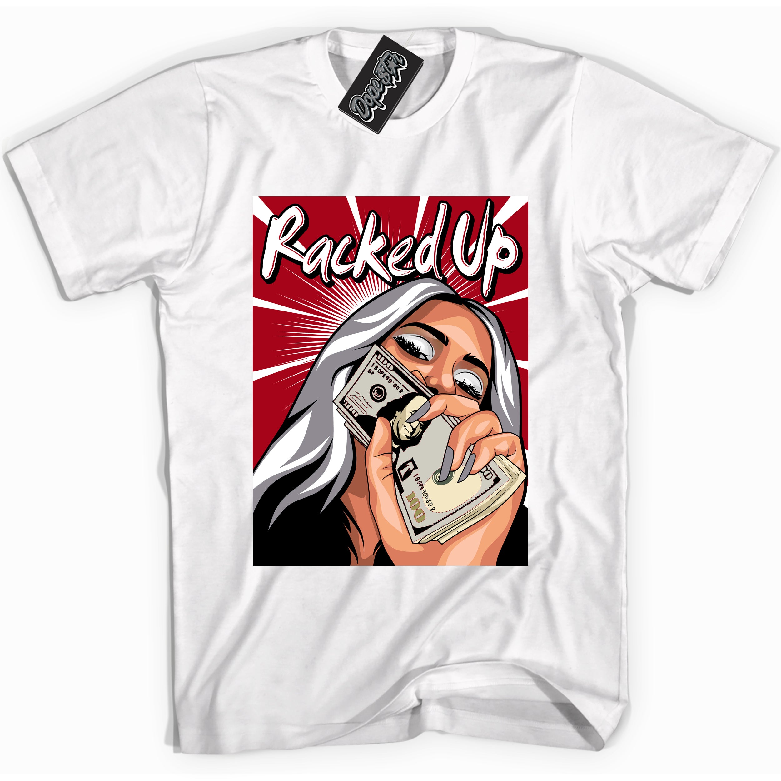 AJ5 Retro OG Black Metallic Reimagined “Racked Up” white streetwear t-shirt and matching sneaker tee for men and women by Sneaker Shirts Outlet.
