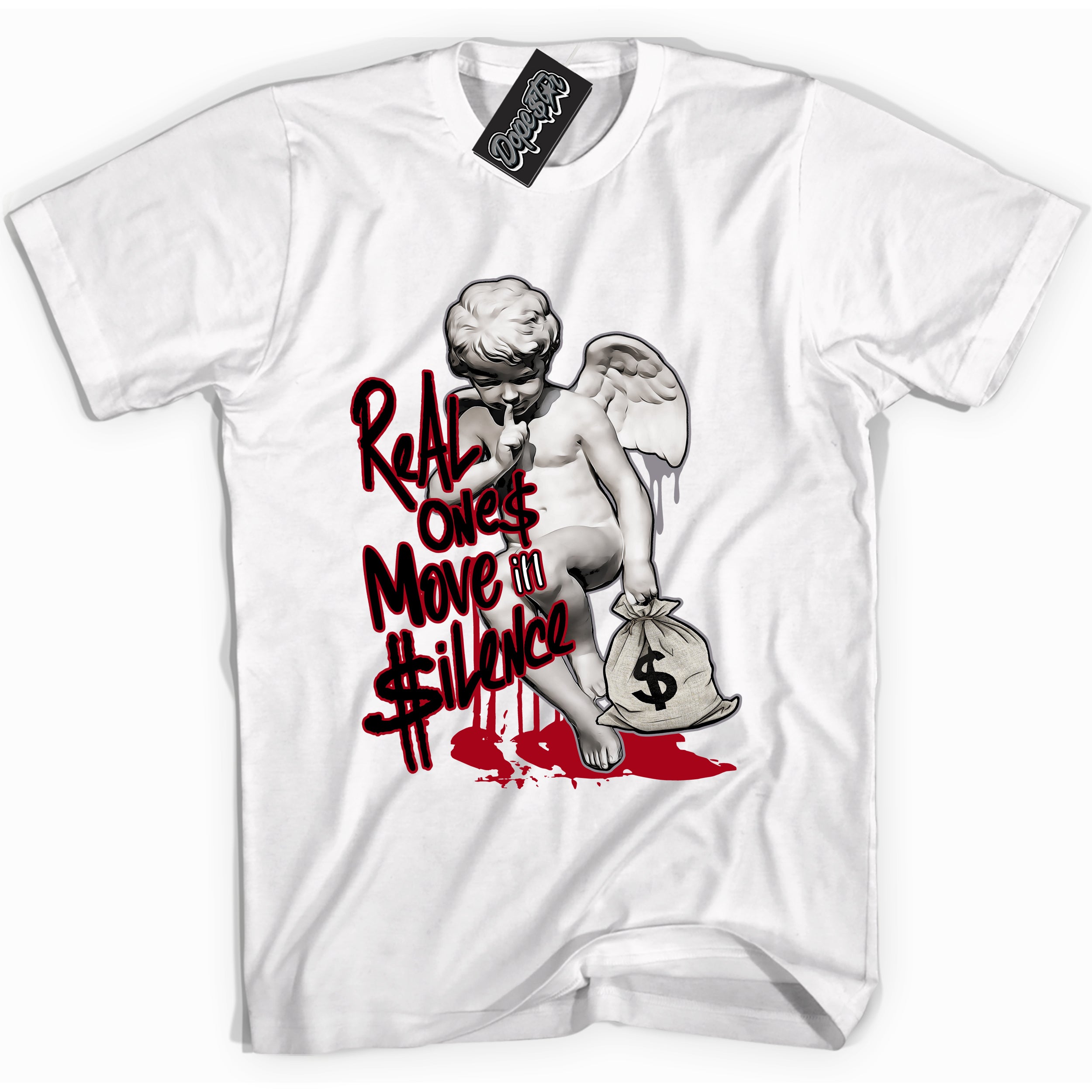 AJ5 Retro OG Black Metallic Reimagined “Real Ones Cherub” white streetwear t-shirt and matching sneaker tee for men and women by Sneaker Shirts Outlet.