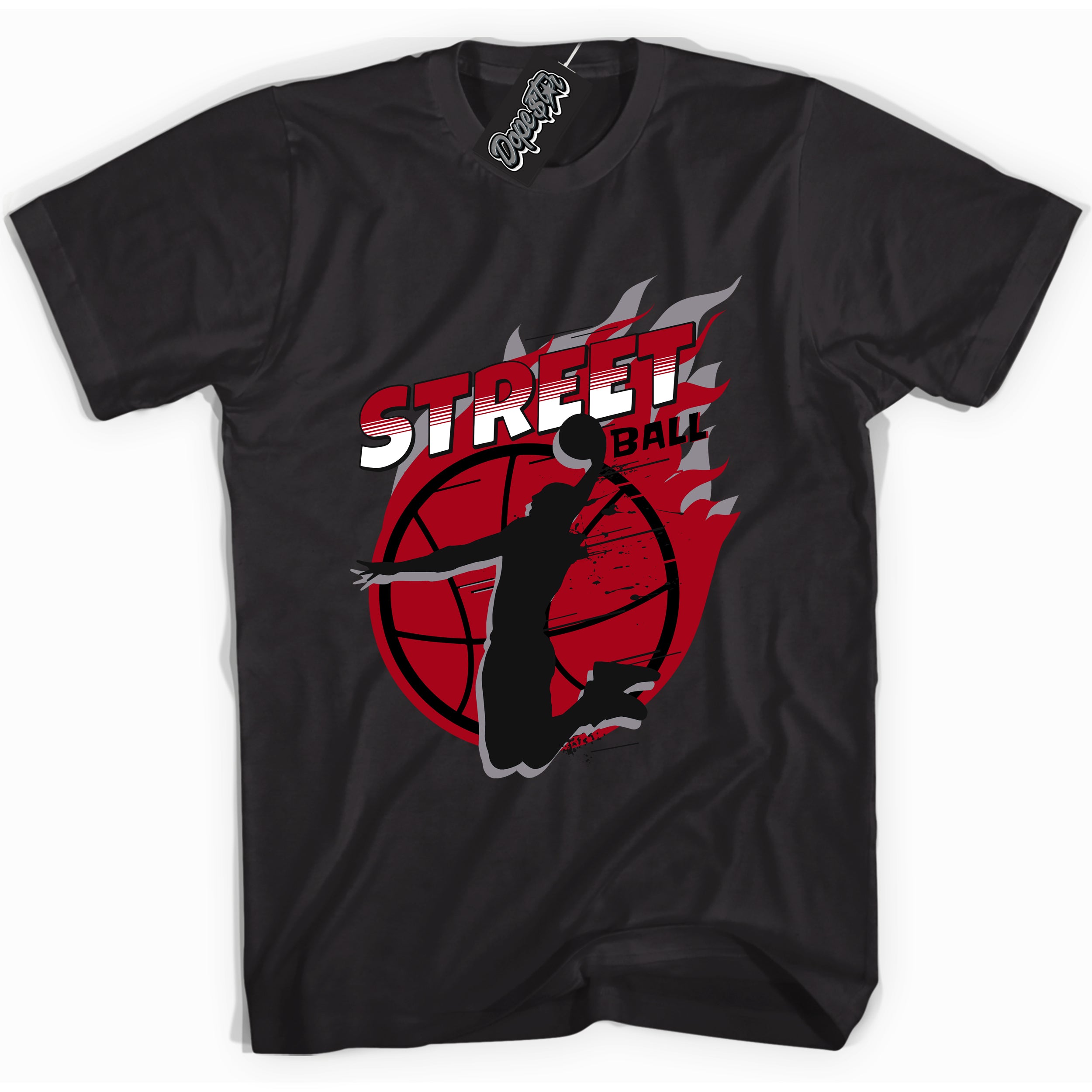 AJ5 Retro OG Black Metallic Reimagined “Street Ball” black streetwear t-shirt and matching sneaker tee for men and women by Sneaker Shirts Outlet.