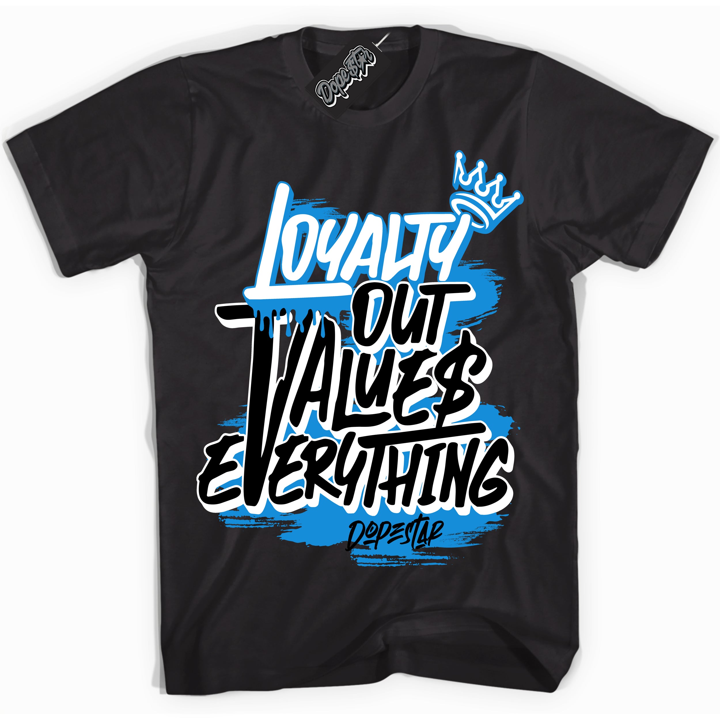 Cool Black Shirt with “ Loyalty Out Values Everything” design that perfectly matches Powder Blue 9s Sneakers.