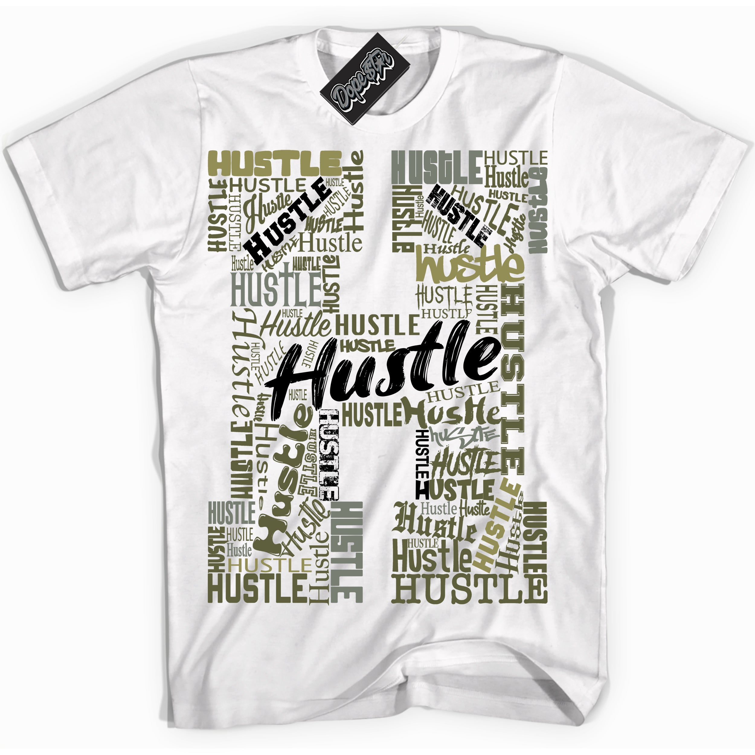 Cool White graphic tee with “ Hustle H ” print, that perfectly matches Craft Olive 4s sneakers 
