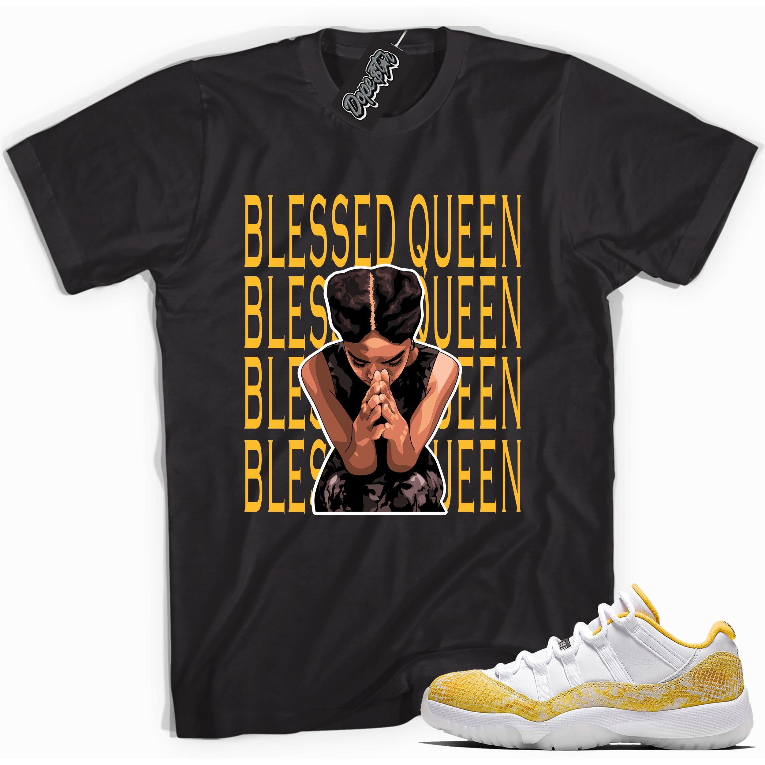 Cool black graphic tee with 'blessed queen' print, that perfectly matches Air Jordan 11 Retro Low Yellow Snakeskin sneakers
