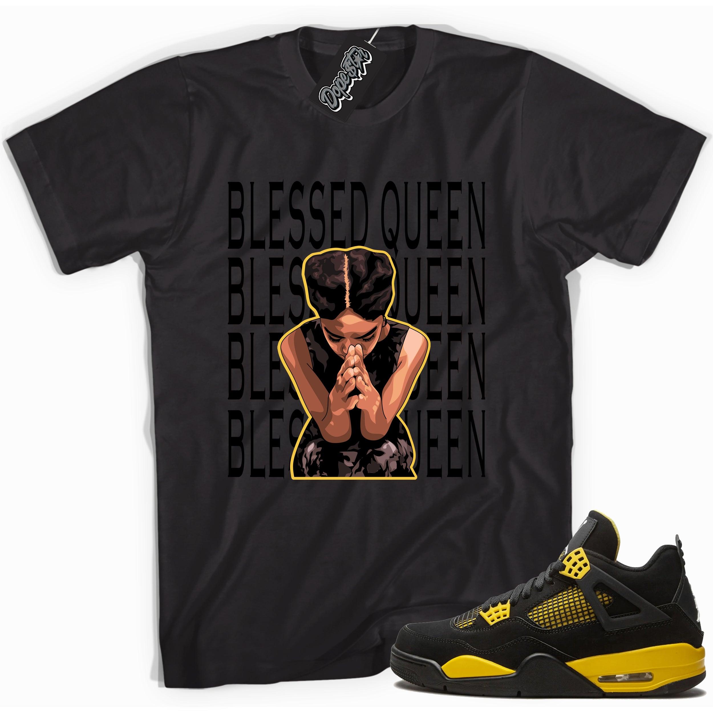 Cool black graphic tee with 'blessed queen' print, that perfectly matches Air Jordan 4 Thunder sneakers
