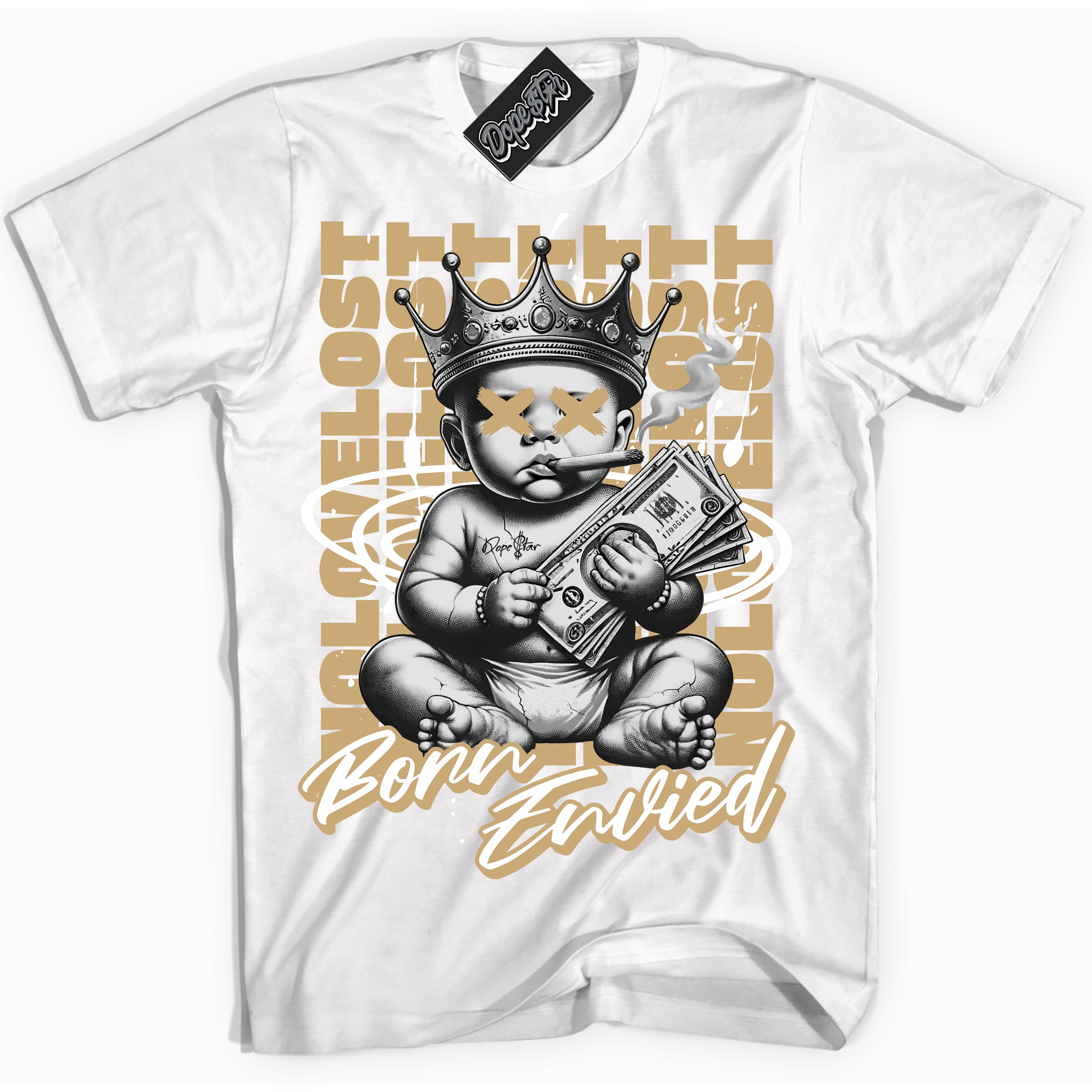 Jordan MVP White Metallic Gold ‘Born Envied’ – White Streetwear T-Shirt | Sneaker Matching shirt for Jordan MVP White Metallic Gold | Men's and Women's Streetwear Graphic Tee by Sneaker Shirts Outlet.