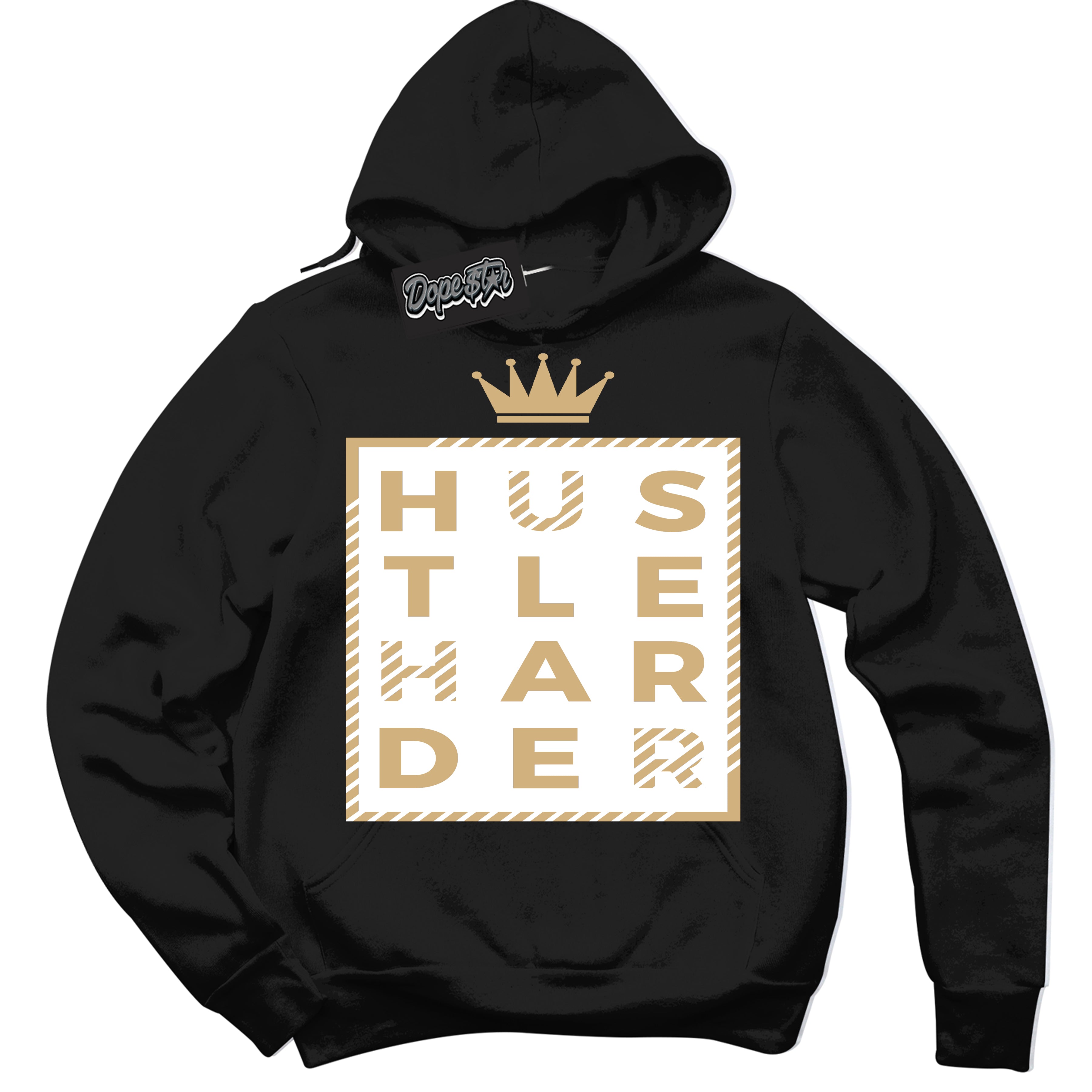 Jordan MVP White Metallic Gold ‘Hustle Harder’ – Black Streetwear Hoodie | Sneaker Matching sweatshirt for Jordan MVP White Metallic Gold | Men's and Women's Streetwear Graphic Hoodie by Sneaker Shirts Outlet