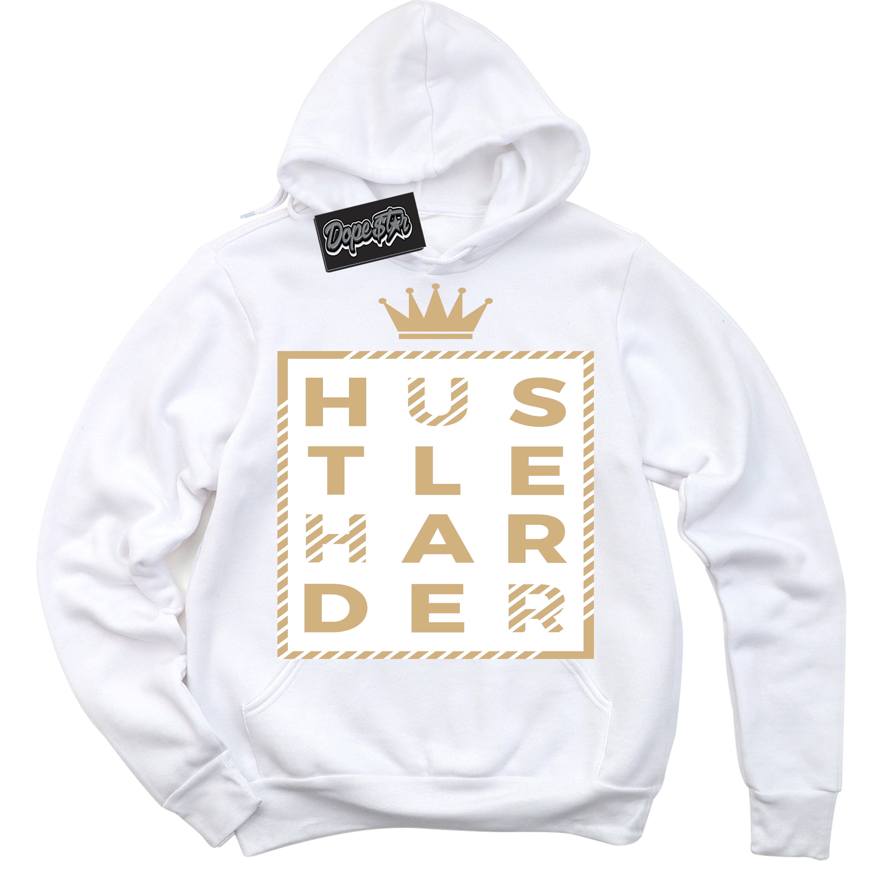 Jordan MVP White Metallic Gold ‘Hustle Harder’ – White Streetwear Hoodie | Sneaker Matching sweatshirt for Jordan MVP White Metallic Gold | Men's and Women's Streetwear Graphic Hoodie by Sneaker Shirts Outlet