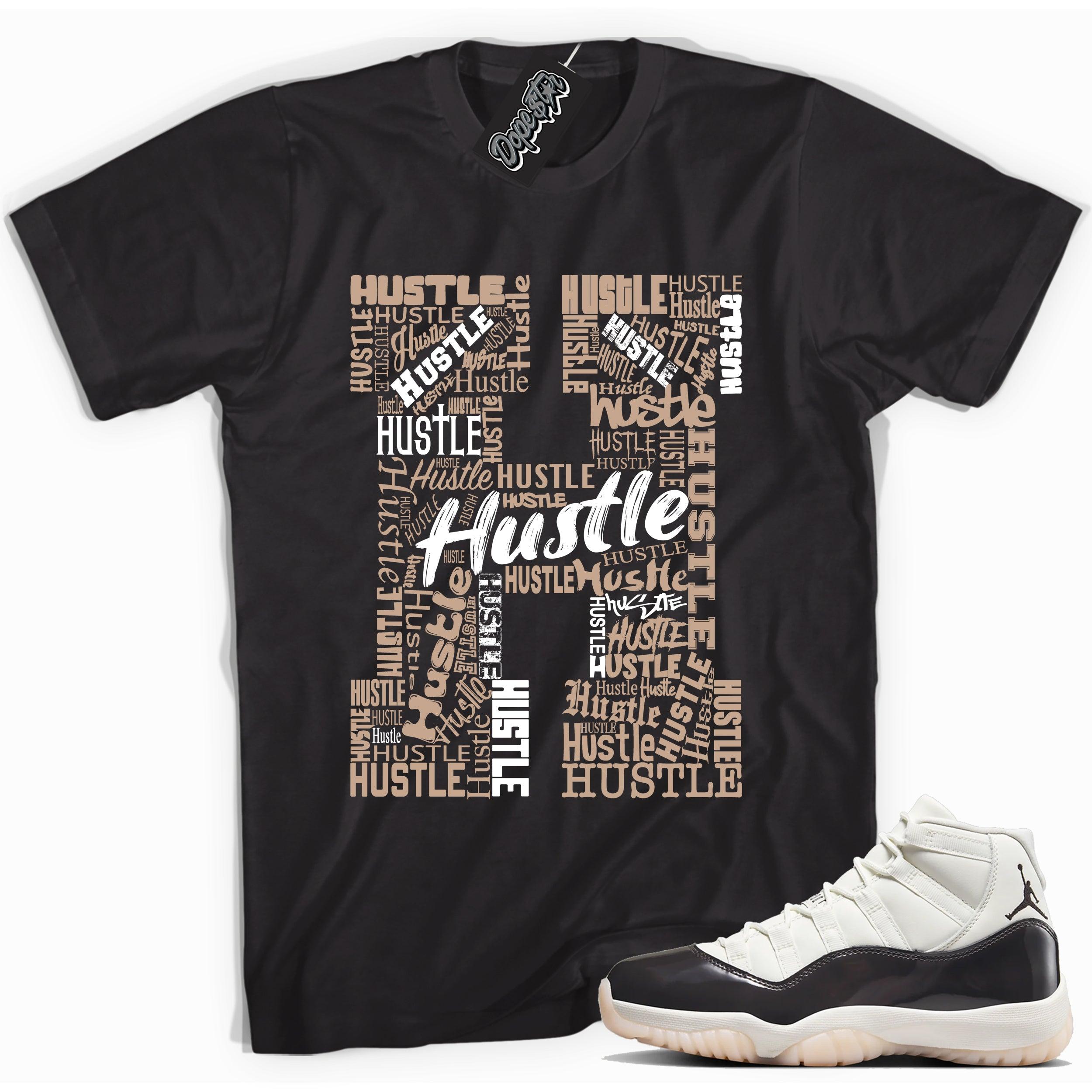 Cool Black graphic tee with “ Hustle H ” print, that perfectly matches Air Jordan 11 Neapolitan sneakers 