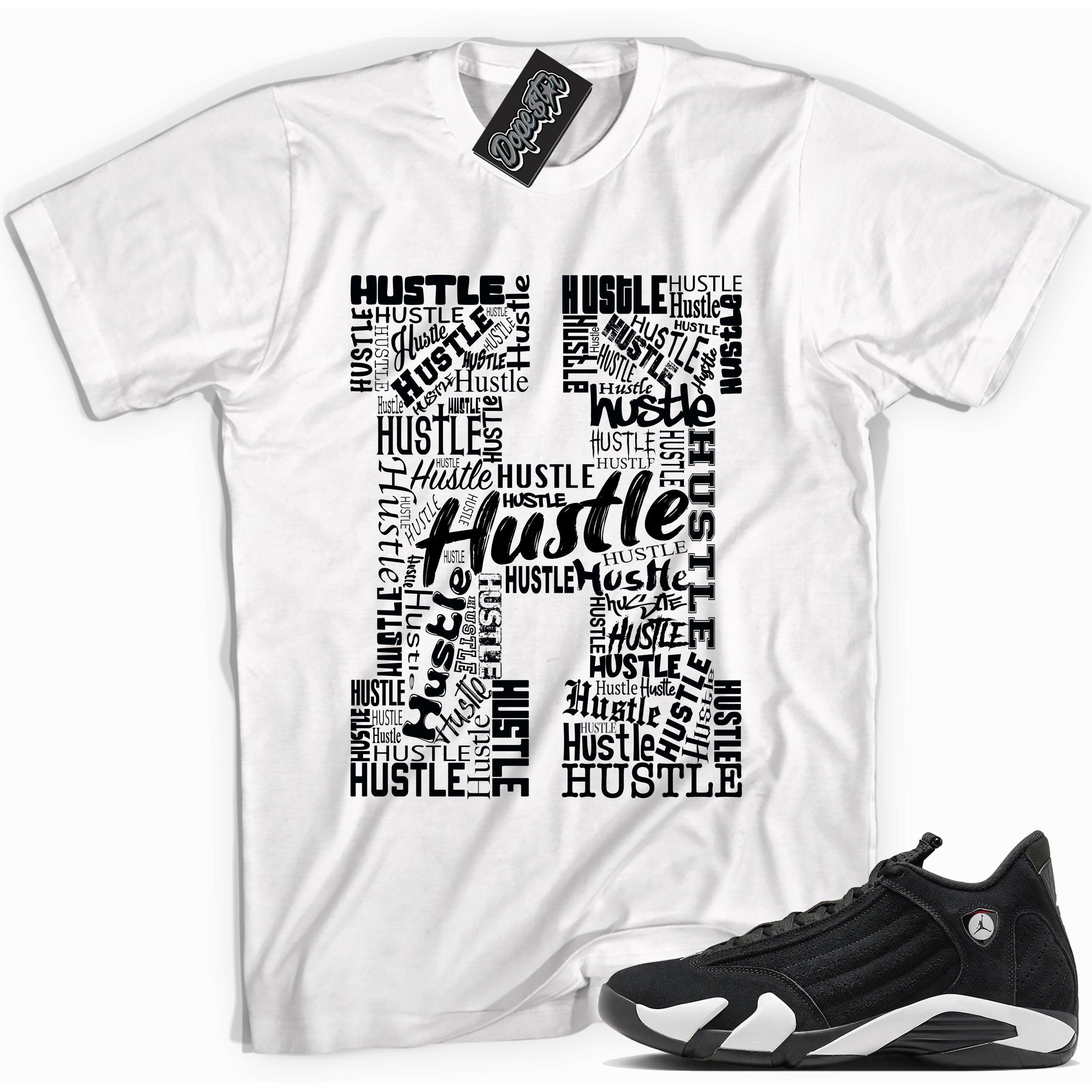 Cool White graphic tee with “ Hustle H ” print, that perfectly matches Air Jordan 14 Black & White sneakers 