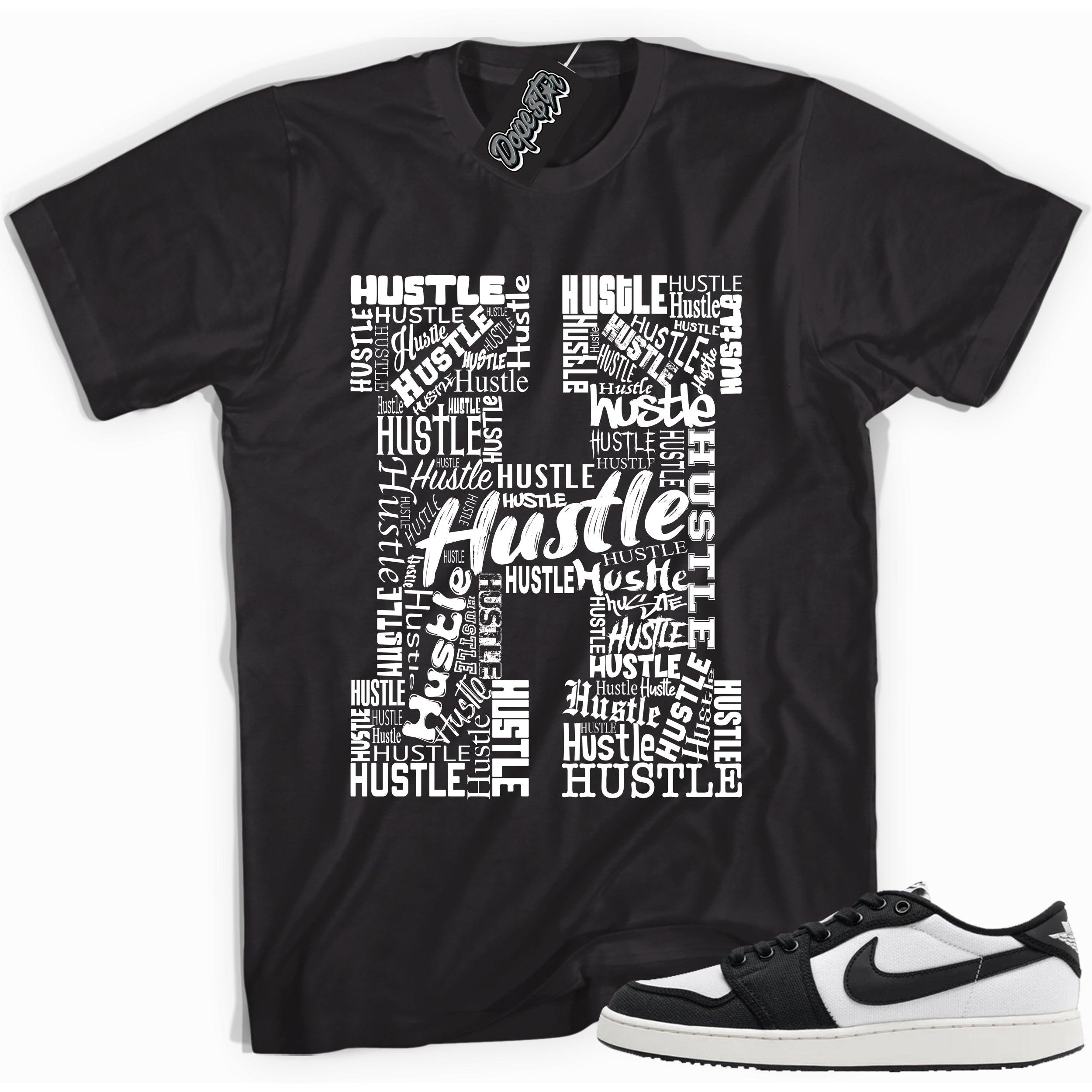 Cool black graphic tee with 'hustle' print, that perfectly matches Air Jordan 1 Retro Ajko Low Black & White sneakers.