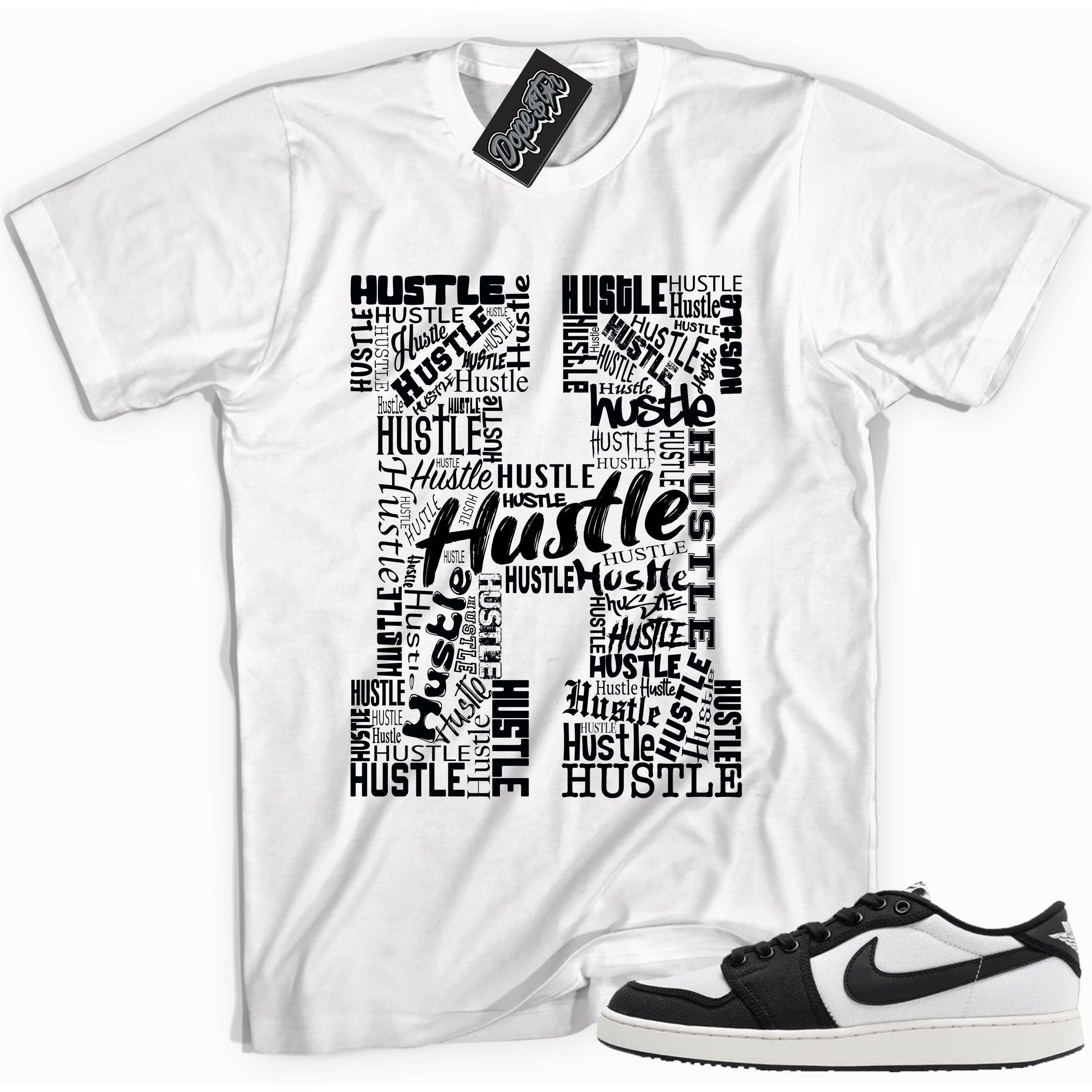 Cool white graphic tee with 'hustle' print, that perfectly matches Air Jordan 1 Retro Ajko Low Black & White sneakers.
