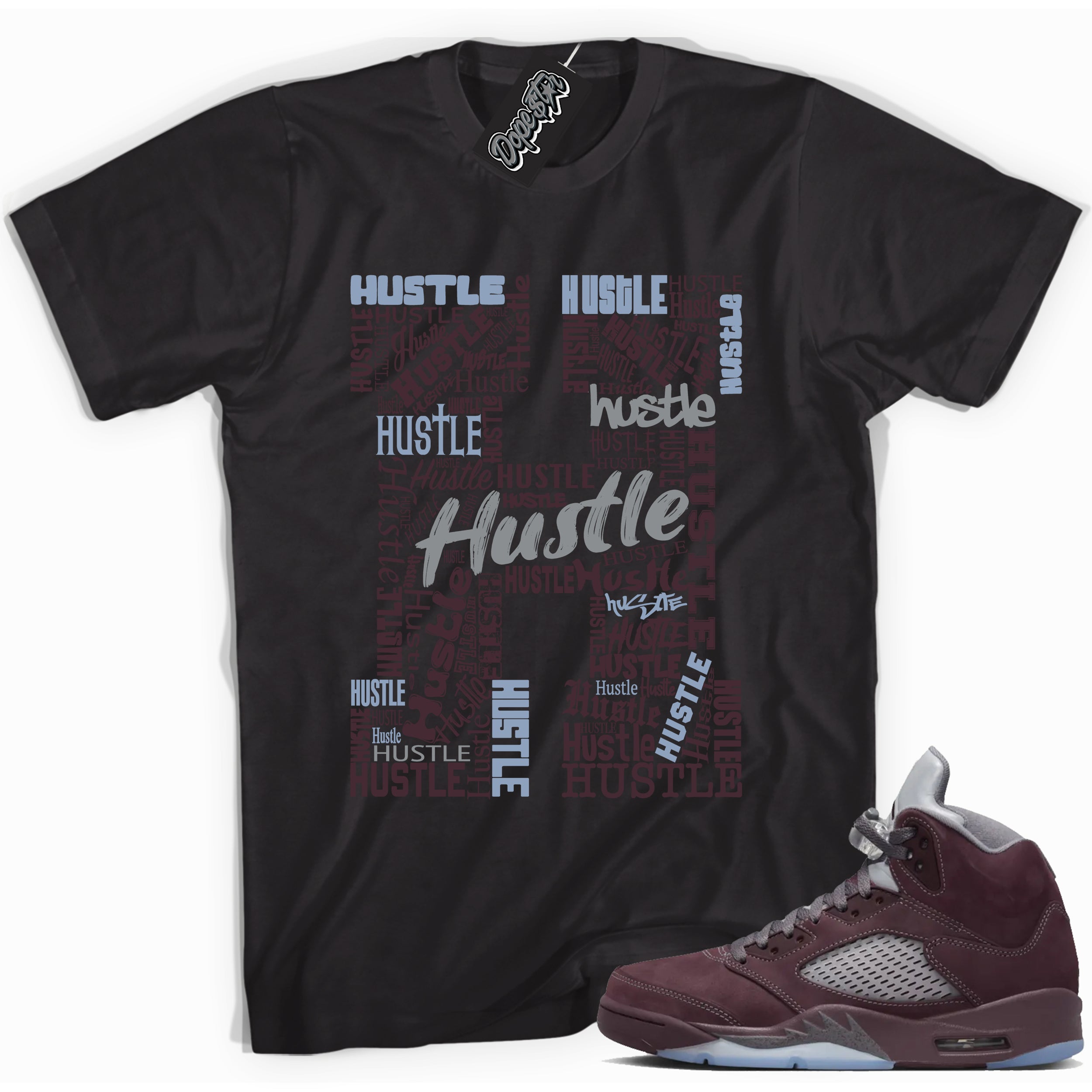 Cool Black graphic tee with “  Hustle H ” print, that perfectly matches Air Jordan 5 Burgundy 2023 sneakers 