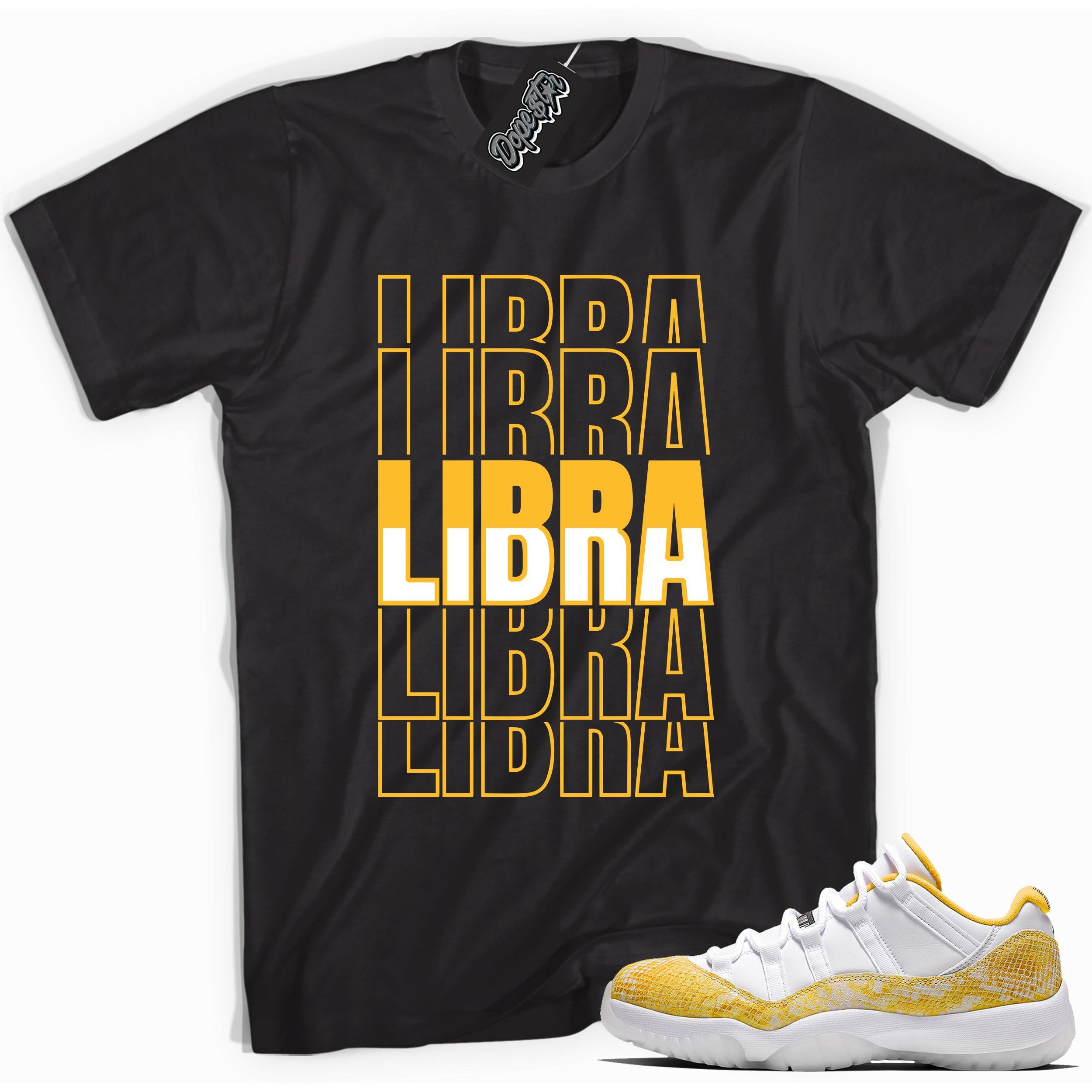 Cool black graphic tee with 'libra' print, that perfectly matches Air Jordan 11 Retro Low Yellow Snakeskin sneakers