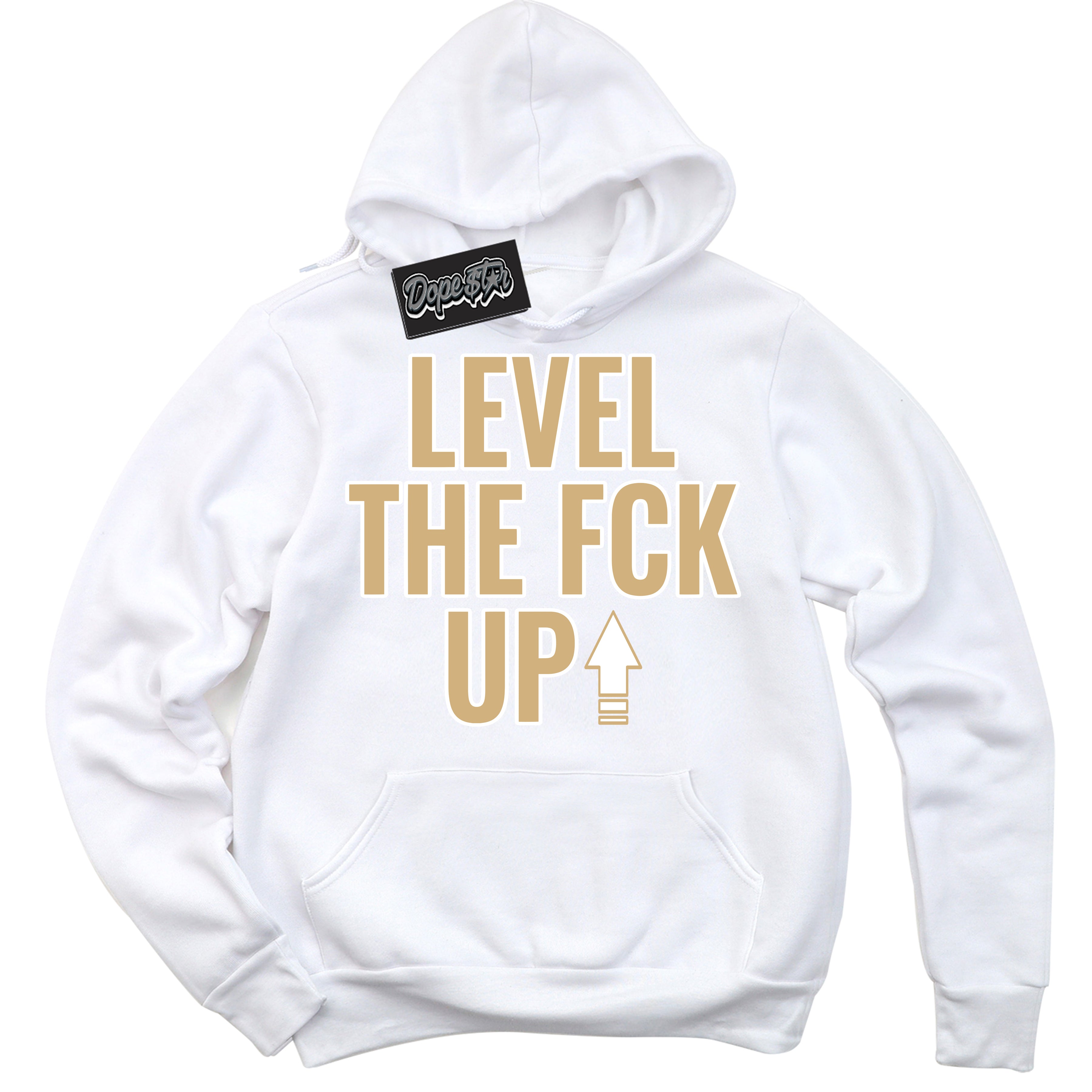 Jordan MVP White Metallic Gold ‘Level The Fck Up’ – White Streetwear Hoodie | Sneaker Matching sweatshirt for Jordan MVP White Metallic Gold | Men's and Women's Streetwear Graphic Hoodie by Sneaker Shirts Outlet