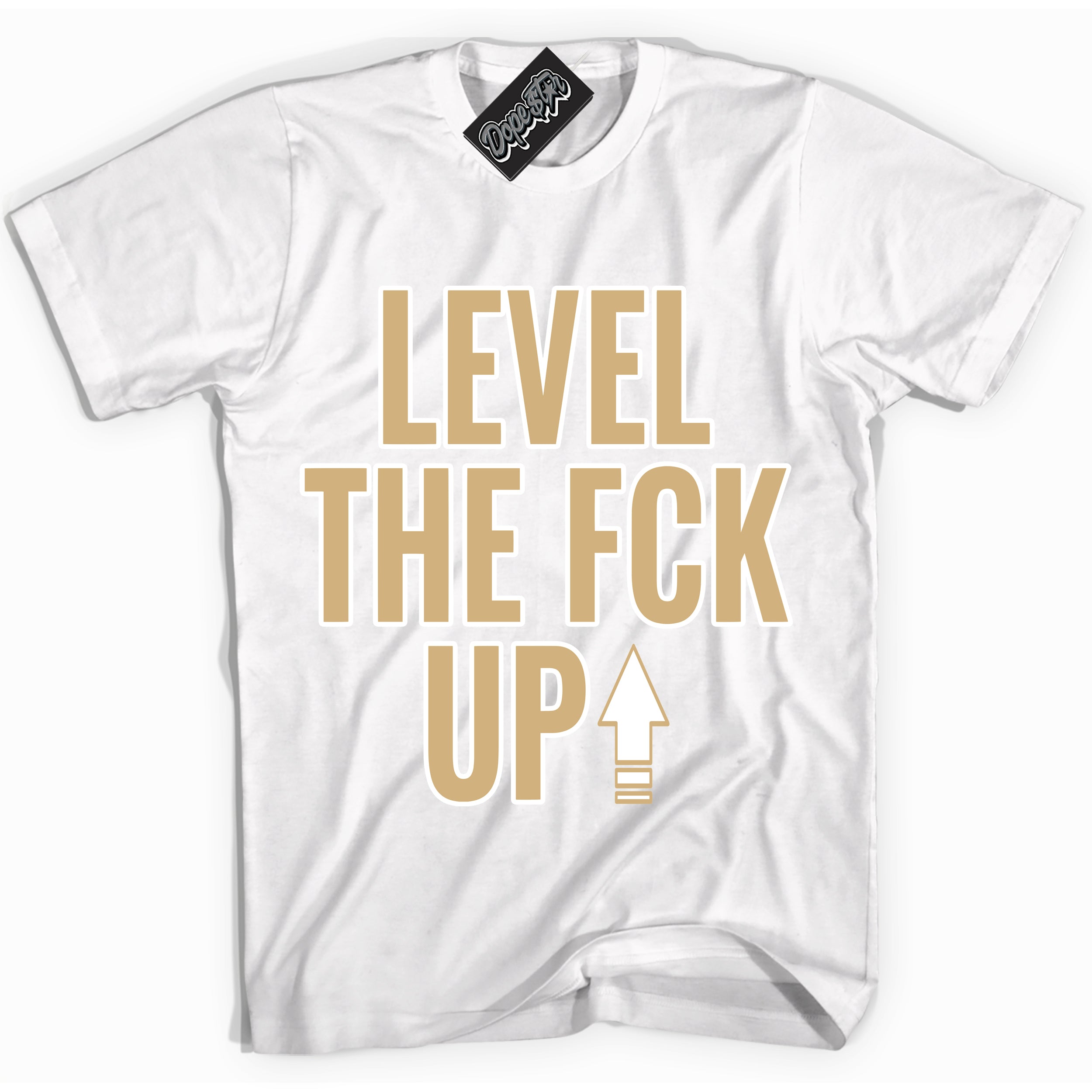 Jordan MVP White Metallic Gold ‘Level The Fck Up’ – White Streetwear T-Shirt | Sneaker Matching shirt for Jordan MVP White Metallic Gold | Men's and Women's Streetwear Graphic Tee by Sneaker Shirts Outlet.