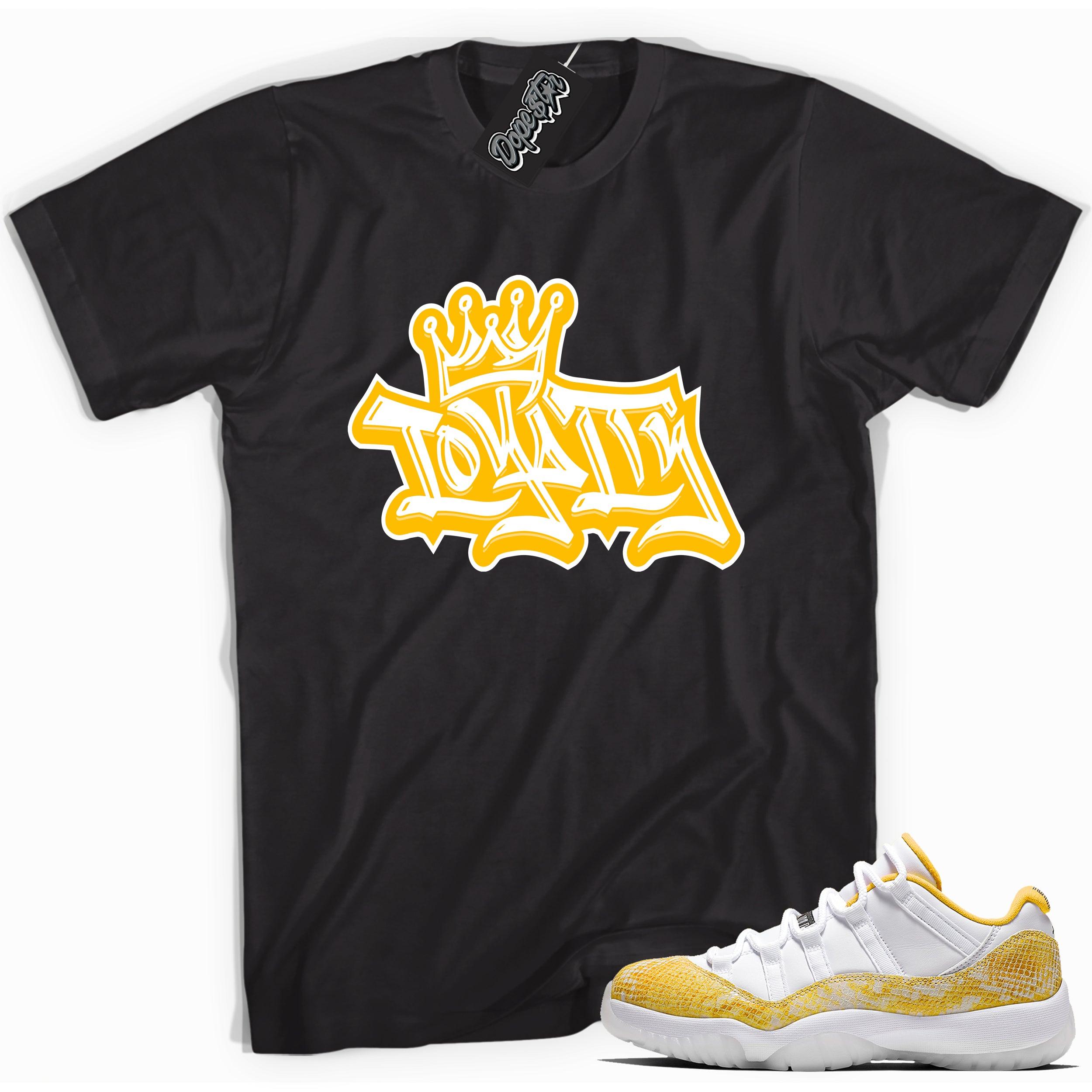 Cool black graphic tee with 'loyalty' print, that perfectly matches Air Jordan 11 Retro Low Yellow Snakeskin sneakers