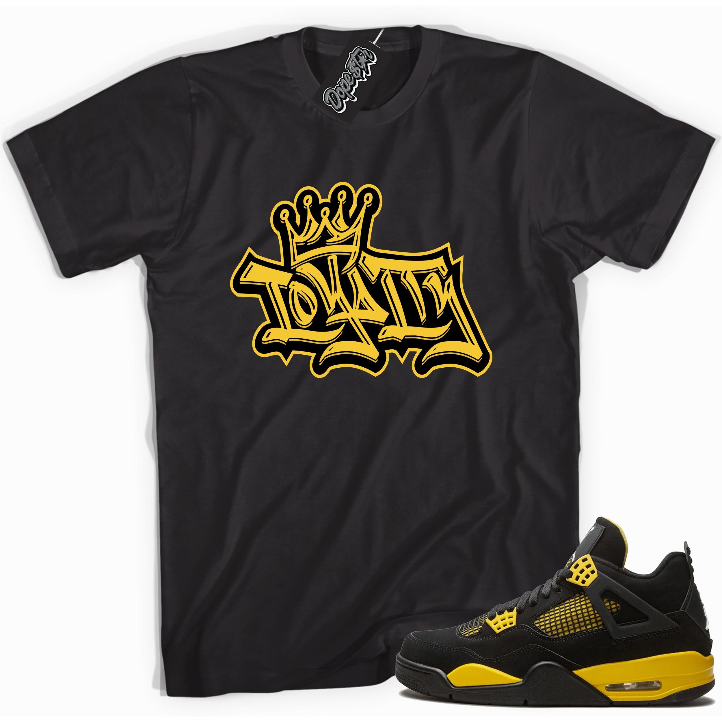 Cool black graphic tee with 'loyalty crown' print, that perfectly matches Air Jordan 4 Thunder sneakers