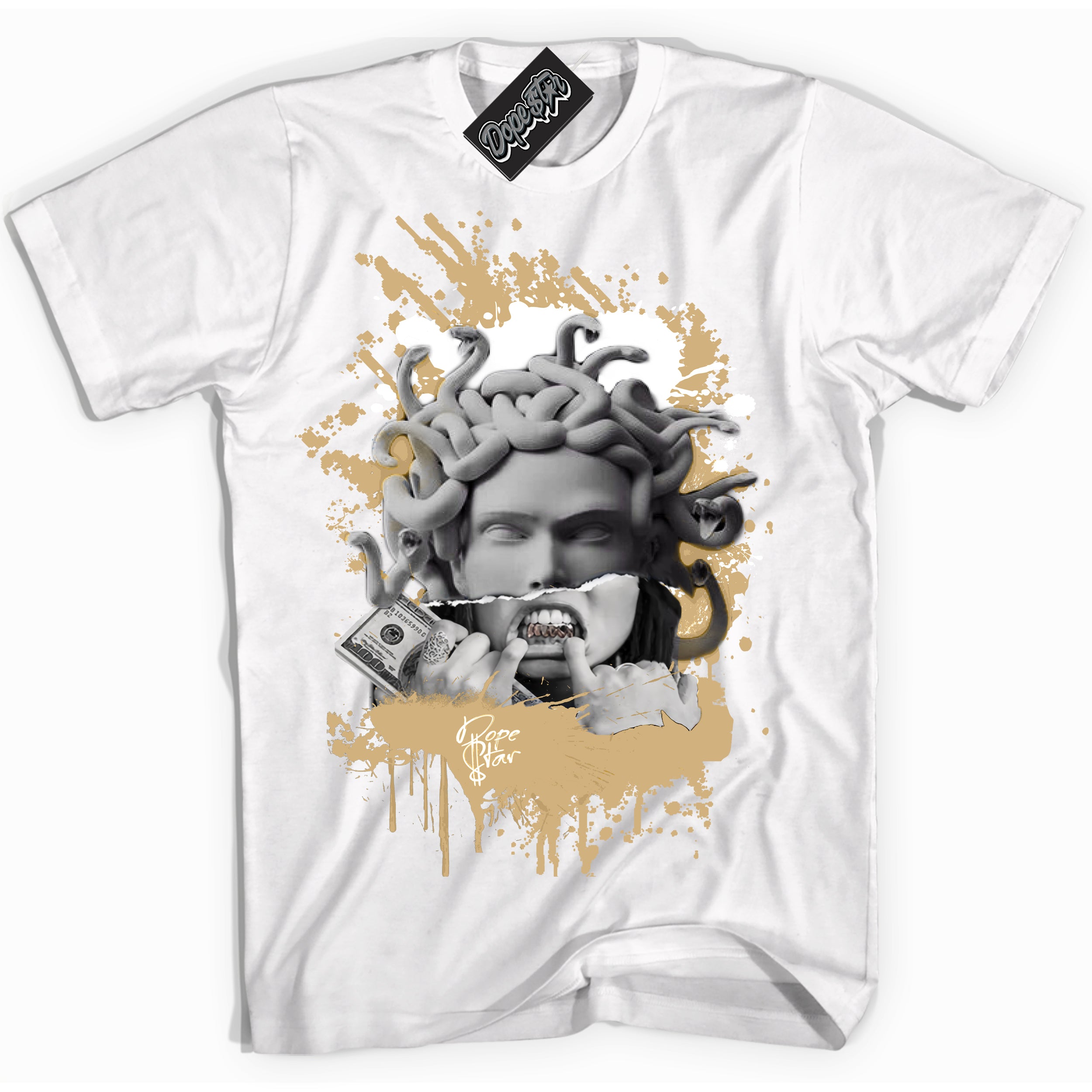 Jordan MVP White Metallic Gold ‘Medusa’ – White Streetwear T-Shirt | Sneaker Matching shirt for Jordan MVP White Metallic Gold | Men's and Women's Streetwear Graphic Tee by Sneaker Shirts Outlet.