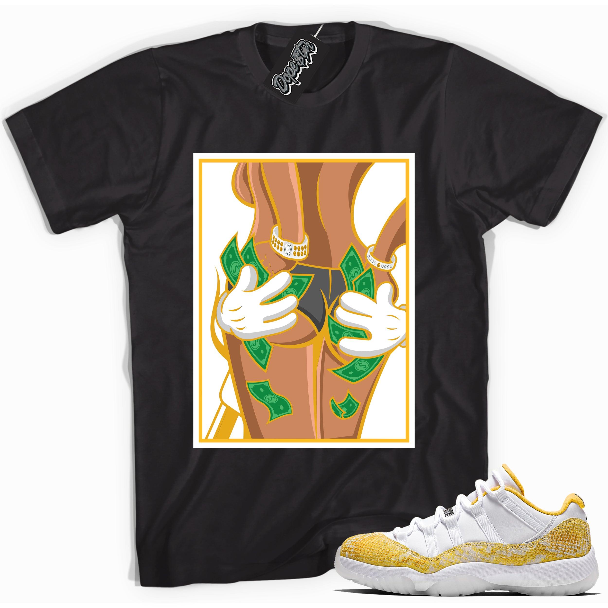 Cool black graphic tee with 'hands full' print, that perfectly matches Air Jordan 11 Retro Low Yellow Snakeskin sneakers