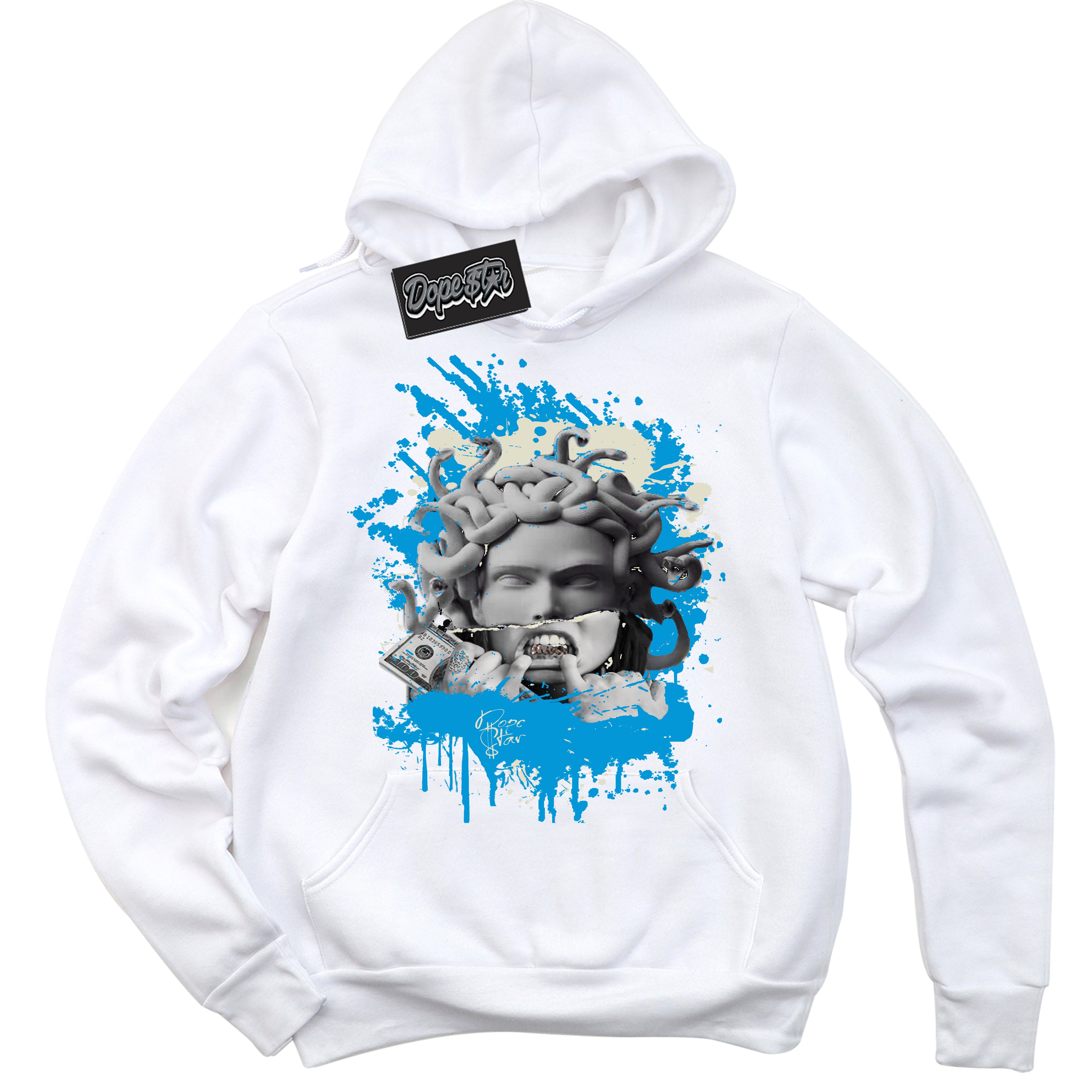 Dunk High Next Nature Light Khaki Star Blue 'Medusa' Hoodie – White Streetwear Sweatshirt | Sneaker Matching Hoodie for Dunk High Next Nature Light Khaki Star Blue | Urban Fashion for Medusa | Men's & Women's Streetwear Outfit by Sneaker Shirts Outlet.