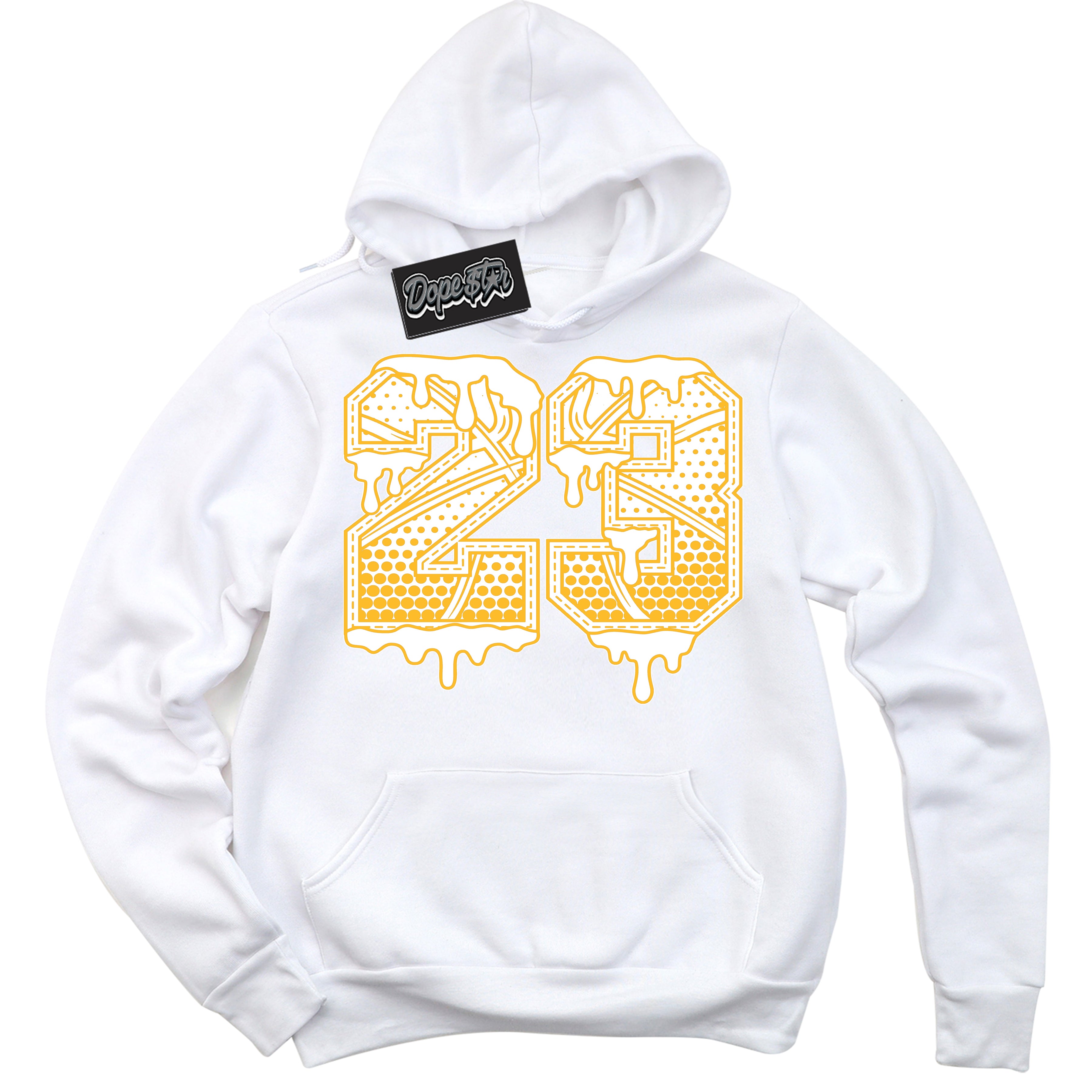 Cool White Hoodie with “ 23 Ball '' design that Perfectly Matches White University Gold Sneakers.