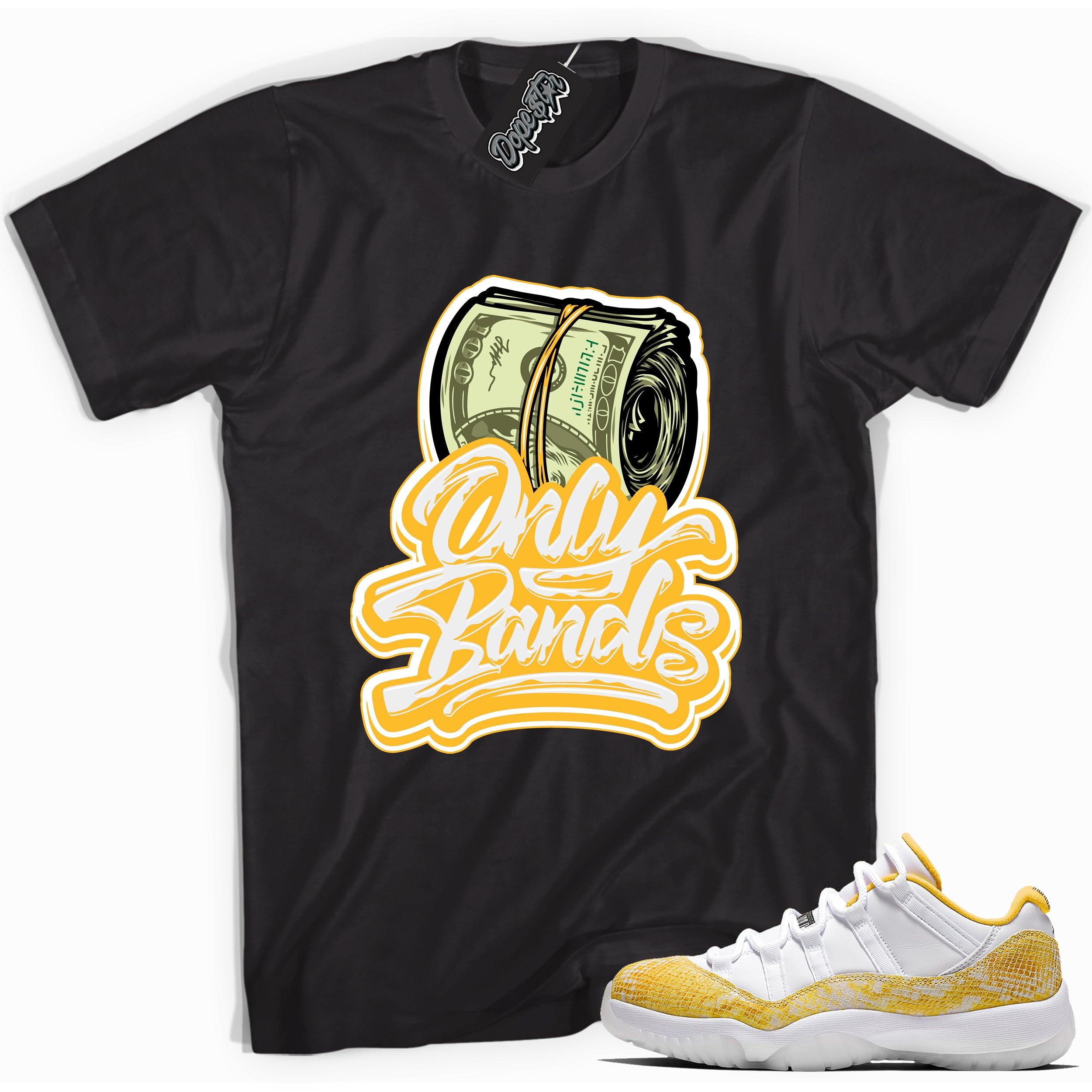 Cool black graphic tee with 'only bands' print, that perfectly matches Air Jordan 11 Retro Low Yellow Snakeskin sneakers