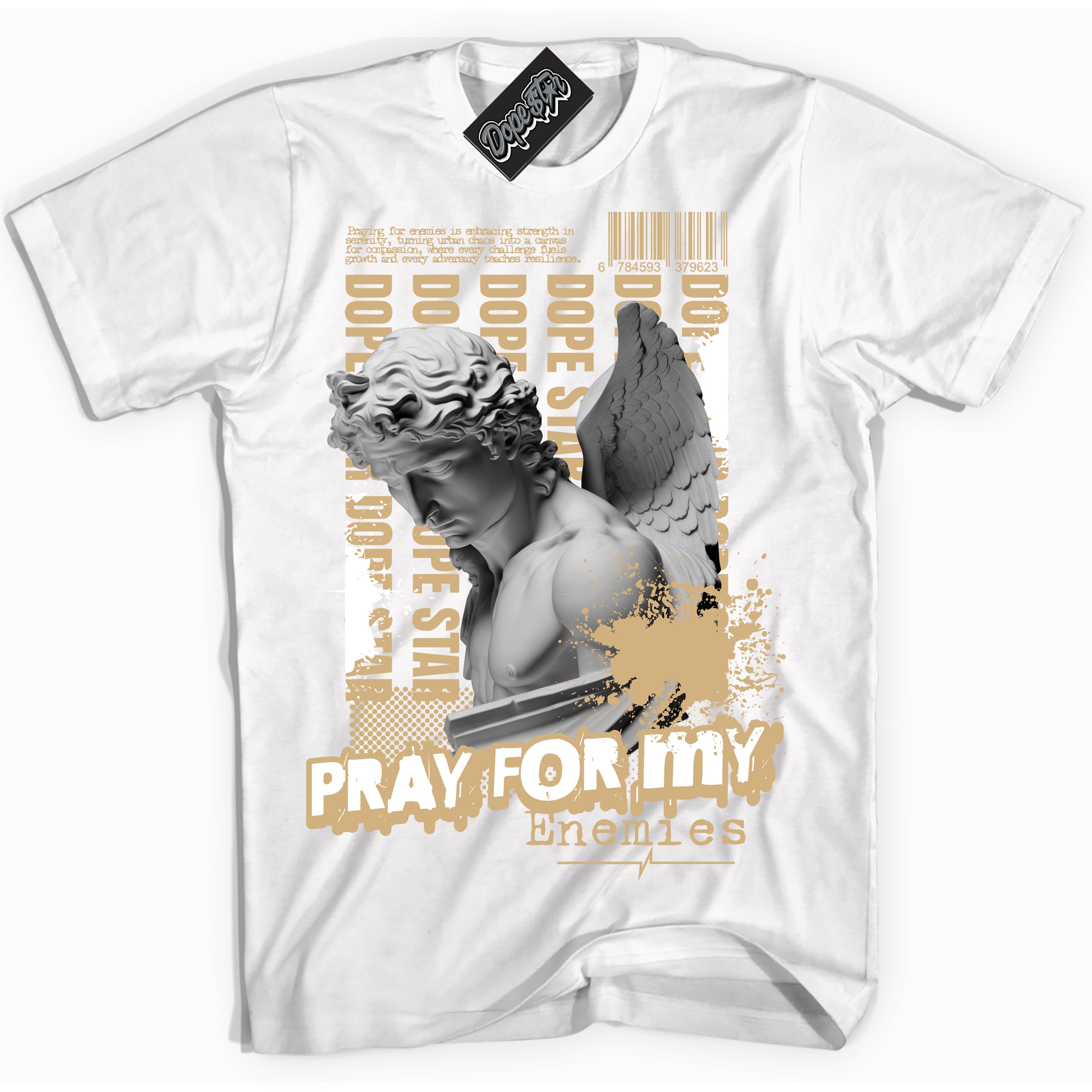 Jordan MVP White Metallic Gold ‘Pray Enemies’ – White Streetwear T-Shirt | Sneaker Matching shirt for Jordan MVP White Metallic Gold | Men's and Women's Streetwear Graphic Tee by Sneaker Shirts Outlet.