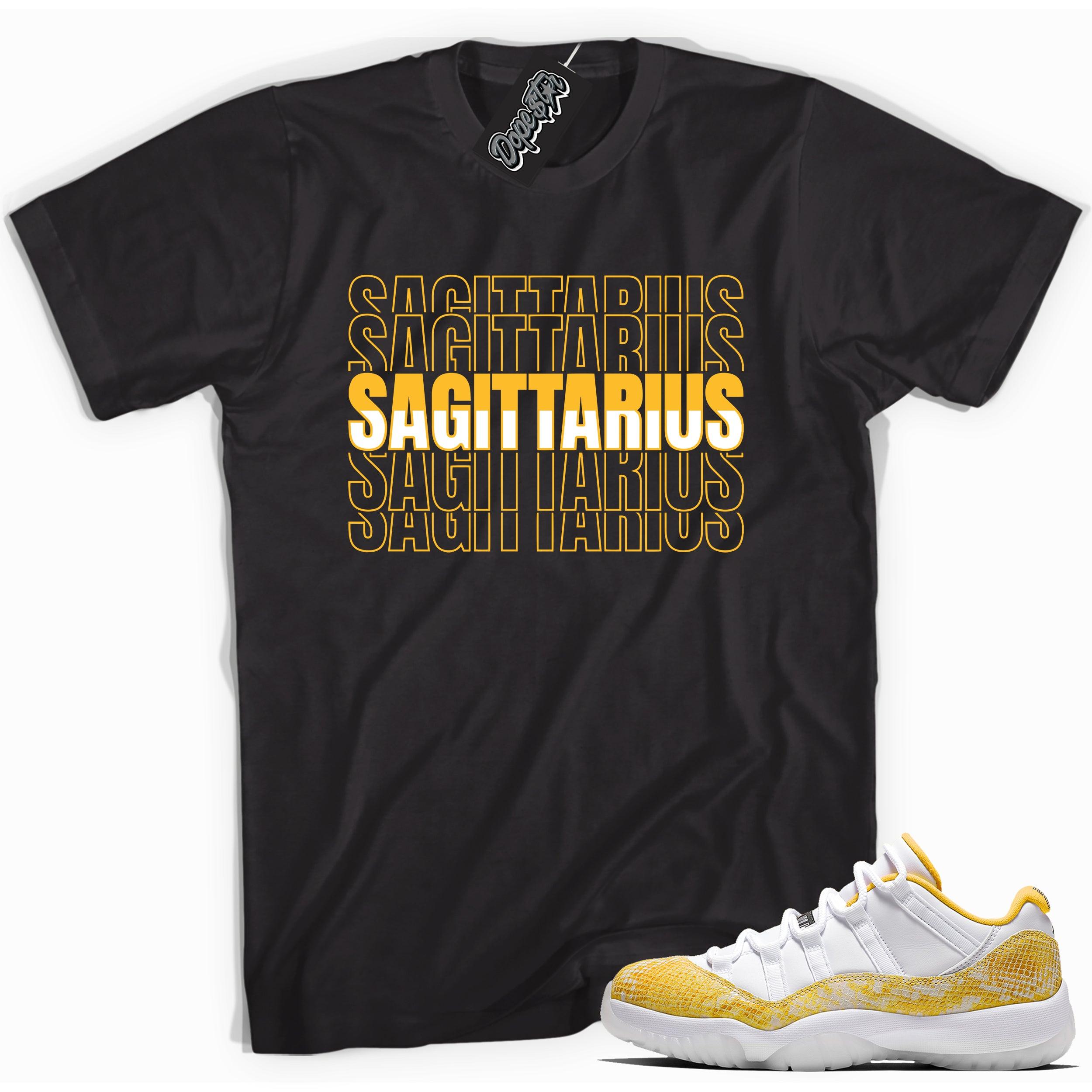 Cool black graphic tee with 'Sagittarius ' print, that perfectly matches Air Jordan 11 Retro Low Yellow Snakeskin sneakers