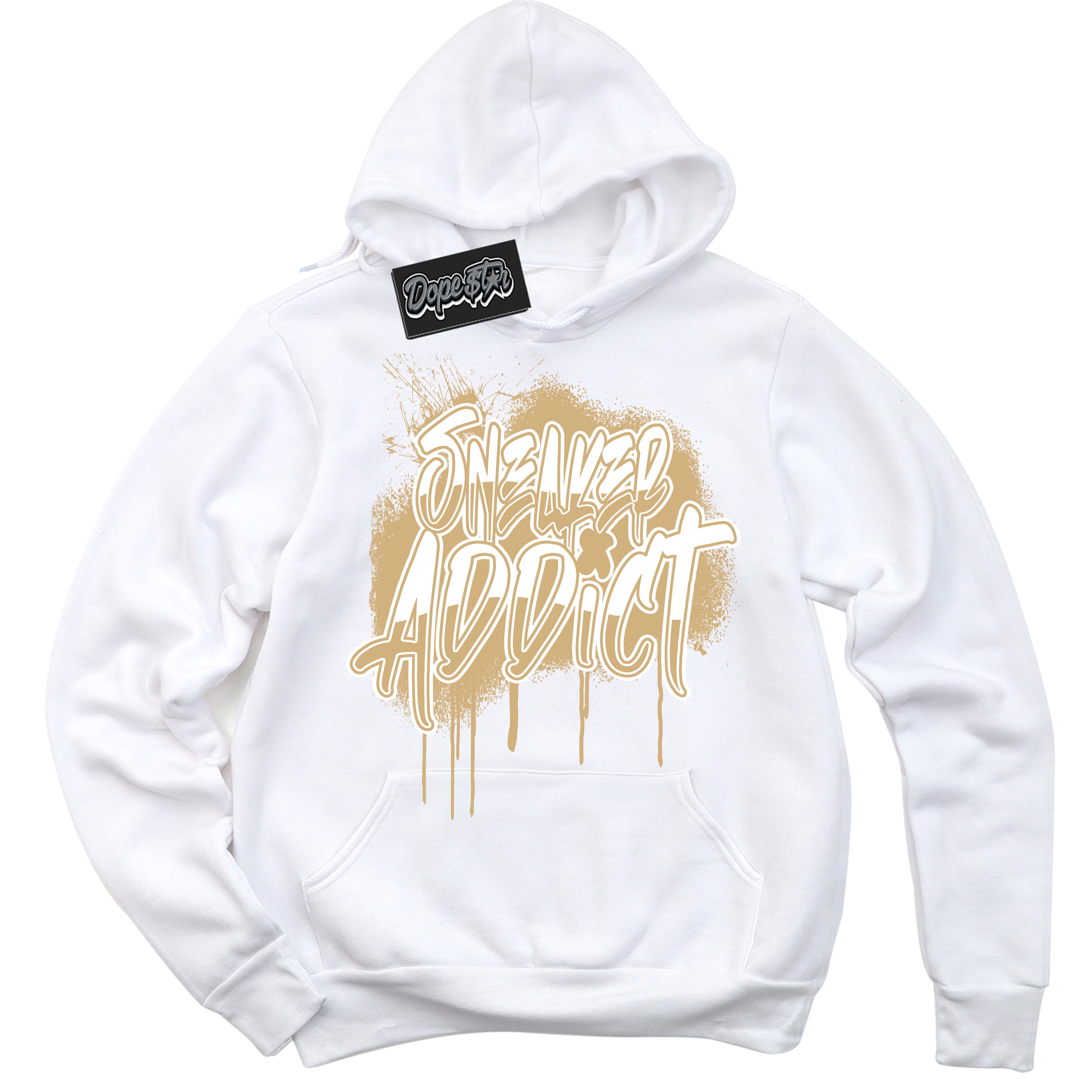 Jordan MVP White Metallic Gold ‘Sneaker Addict’ – White Streetwear Hoodie | Sneaker Matching sweatshirt for Jordan MVP White Metallic Gold | Men's and Women's Streetwear Graphic Hoodie by Sneaker Shirts Outlet
