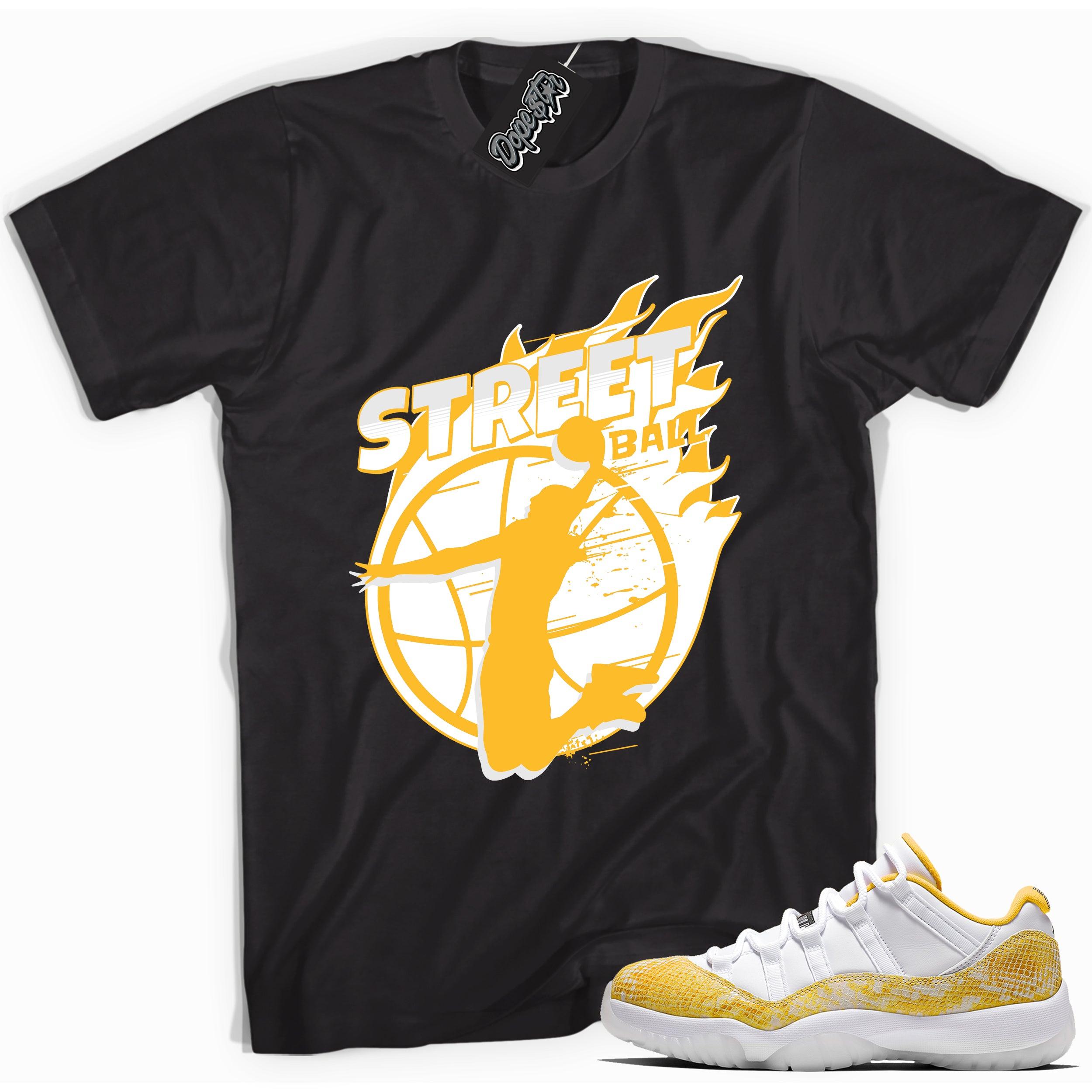 Cool black graphic tee with 'street ball' print, that perfectly matches Air Jordan 11 Retro Low Yellow Snakeskin sneakers
