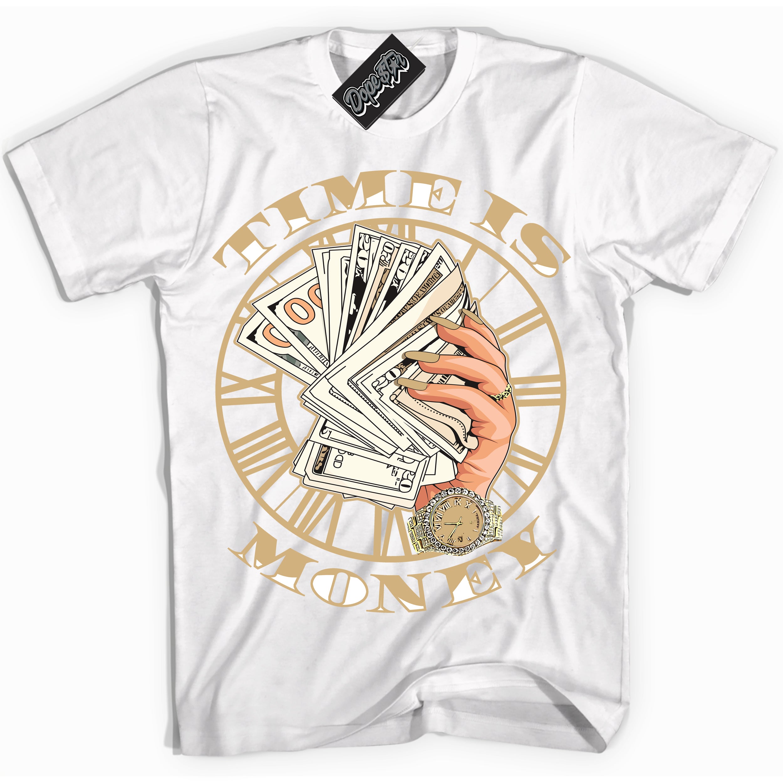 Jordan MVP White Metallic Gold ‘Time Is Money’ – White Streetwear T-Shirt | Sneaker Matching shirt for Jordan MVP White Metallic Gold | Men's and Women's Streetwear Graphic Tee by Sneaker Shirts Outlet.