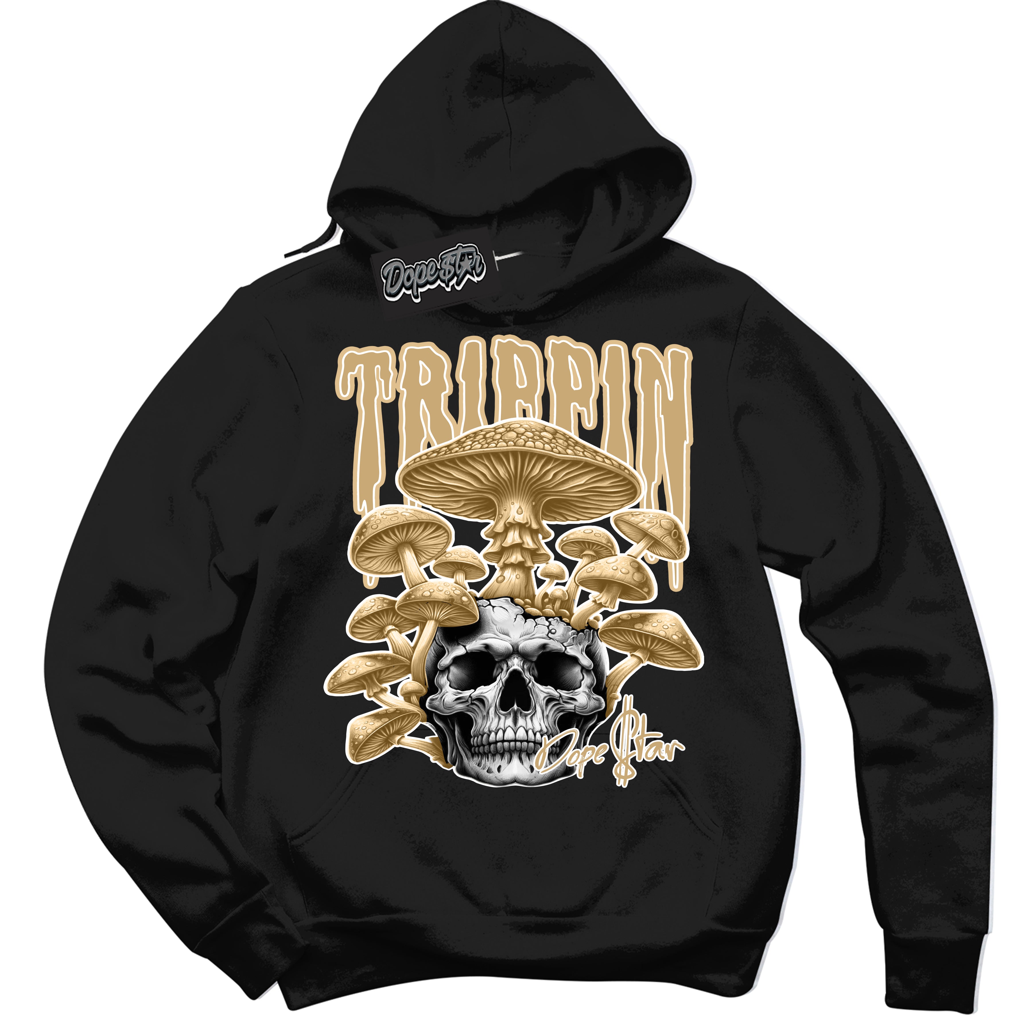 Jordan MVP White Metallic Gold ‘Trippin’ – Black Streetwear Hoodie | Sneaker Matching sweatshirt for Jordan MVP White Metallic Gold | Men's and Women's Streetwear Graphic Hoodie by Sneaker Shirts Outlet
