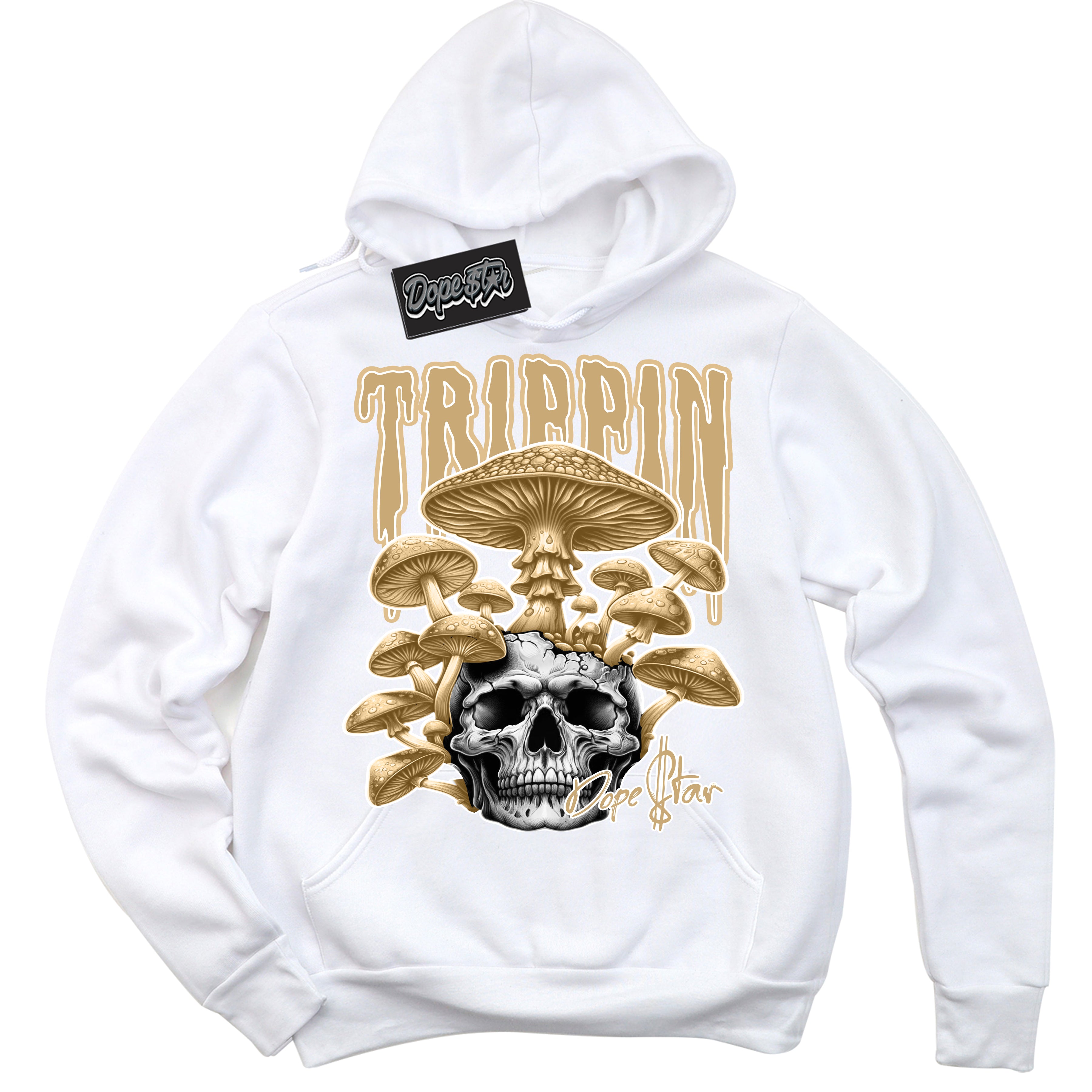 Jordan MVP White Metallic Gold ‘Trippin’ – White Streetwear Hoodie | Sneaker Matching sweatshirt for Jordan MVP White Metallic Gold | Men's and Women's Streetwear Graphic Hoodie by Sneaker Shirts Outlet