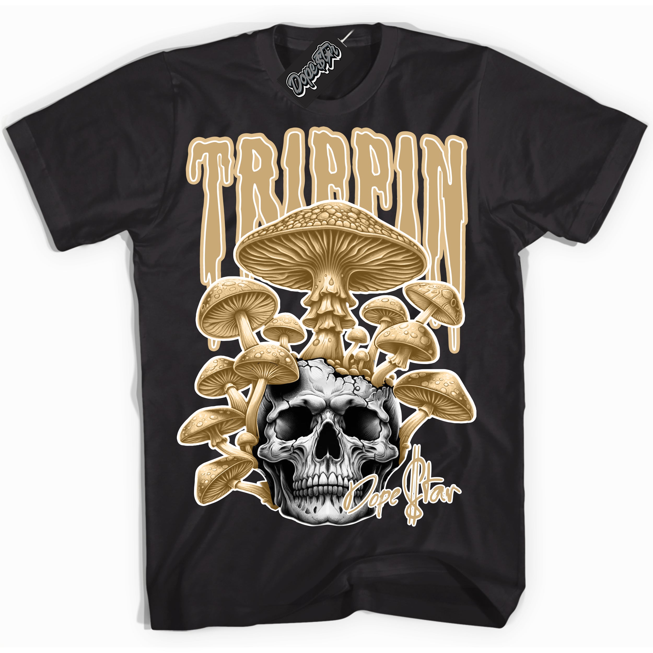 Jordan MVP White Metallic Gold ‘Trippin’ – Black Streetwear T-Shirt | Sneaker Matching shirt for Jordan MVP White Metallic Gold | Men's and Women's Streetwear Graphic Tee by Sneaker Shirts Outlet.