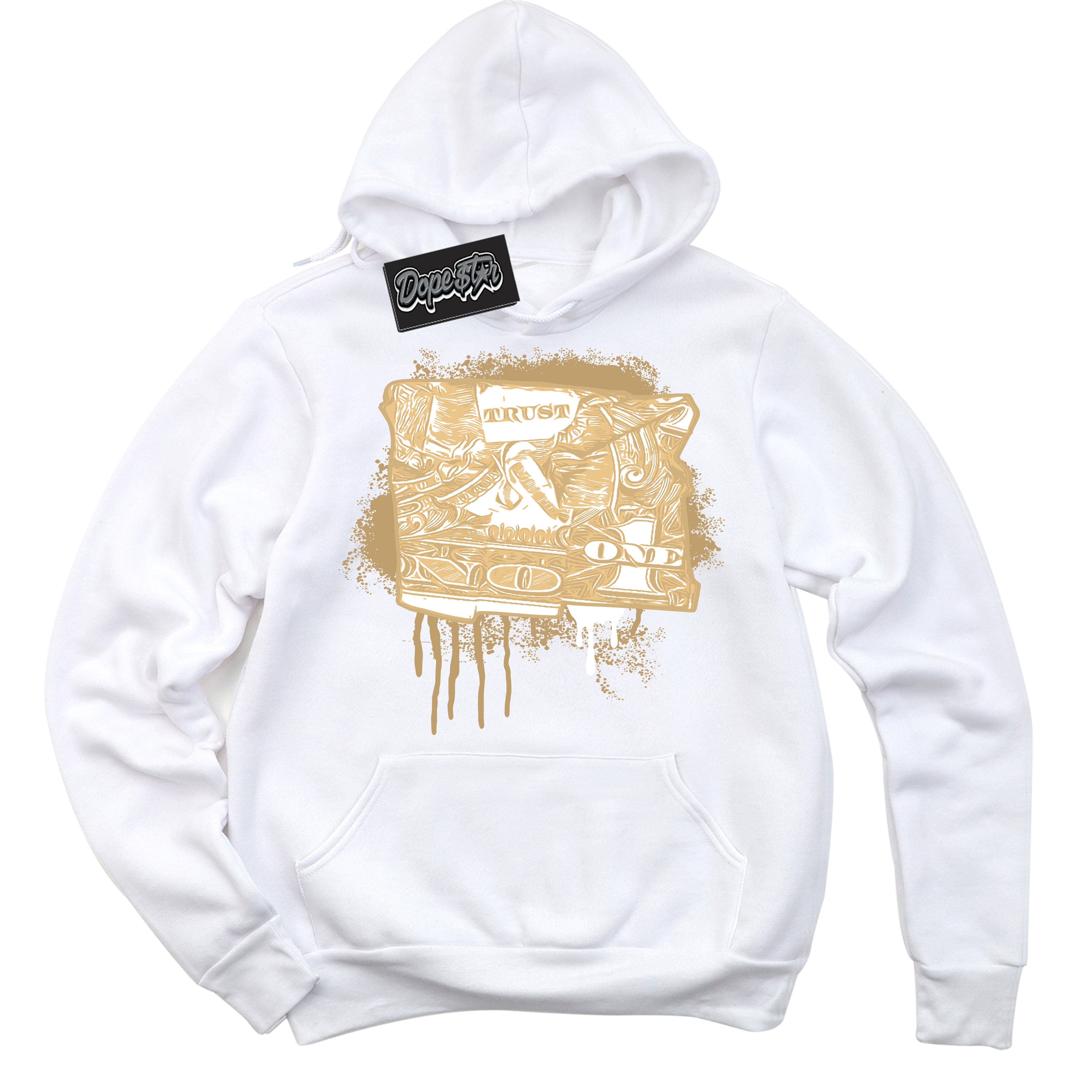 Jordan MVP White Metallic Gold ‘Trust No One Dollar’ – White Streetwear Hoodie | Sneaker Matching sweatshirt for Jordan MVP White Metallic Gold | Men's and Women's Streetwear Graphic Hoodie by Sneaker Shirts Outlet