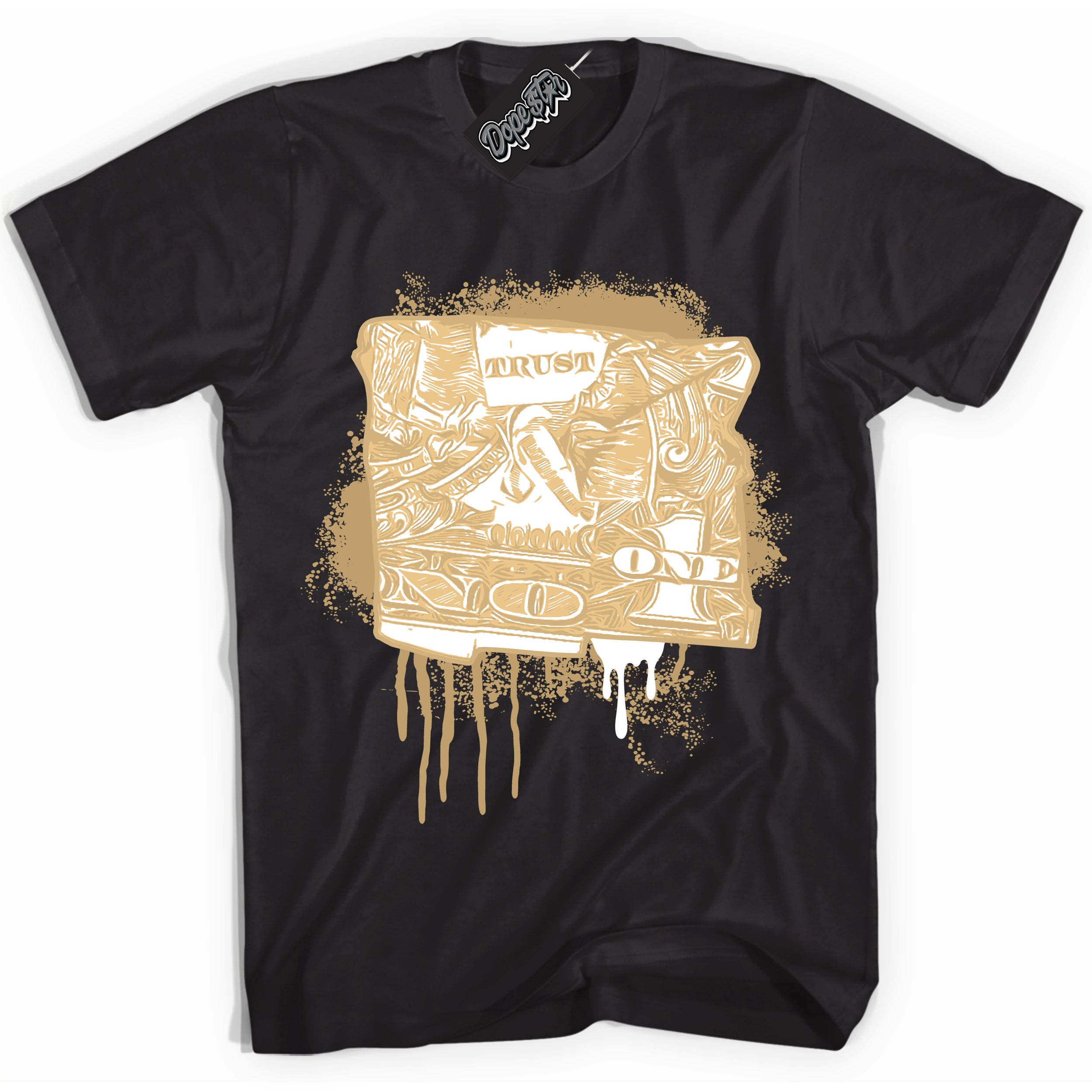 Jordan MVP White Metallic Gold ‘Trust No One Dollar’ – Black Streetwear T-Shirt | Sneaker Matching shirt for Jordan MVP White Metallic Gold | Men's and Women's Streetwear Graphic Tee by Sneaker Shirts Outlet.