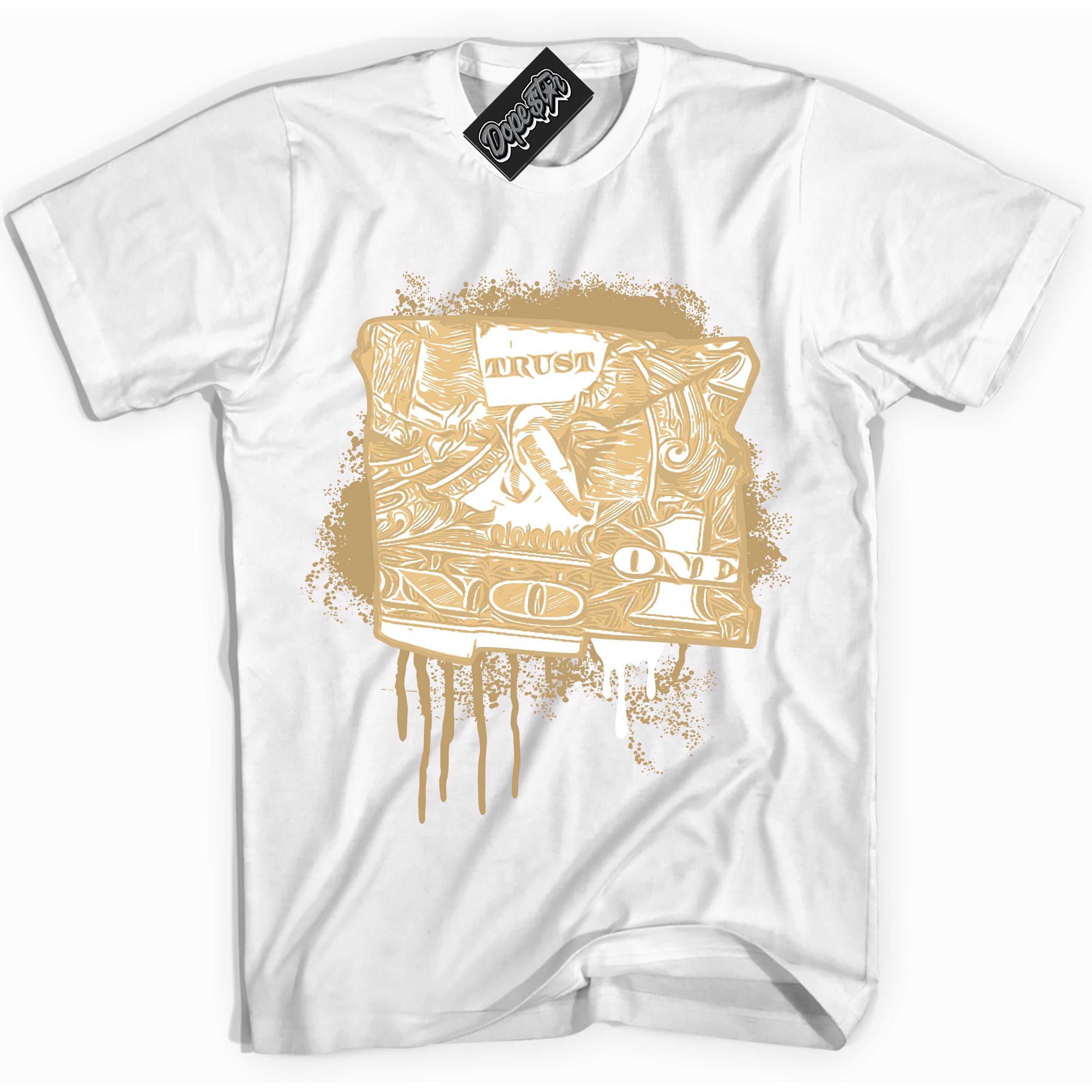 Jordan MVP White Metallic Gold ‘Trust No One Dollar’ – White Streetwear T-Shirt | Sneaker Matching shirt for Jordan MVP White Metallic Gold | Men's and Women's Streetwear Graphic Tee by Sneaker Shirts Outlet.