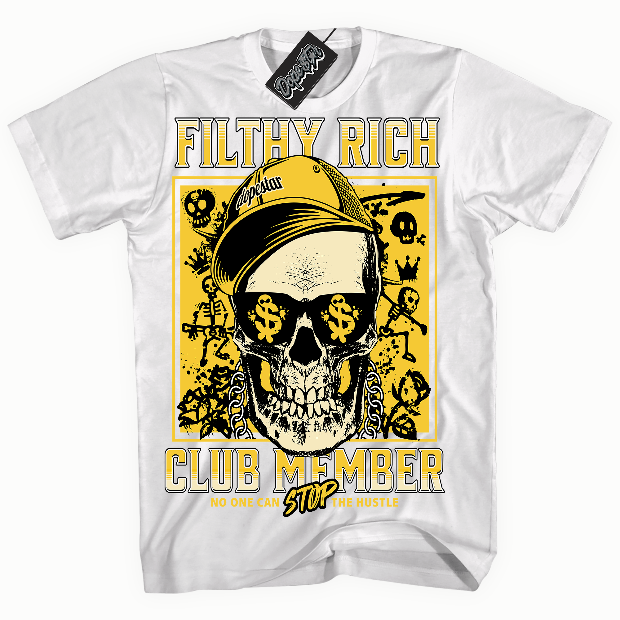 Cool White Shirt With Filthy Rich  design That Perfectly Matches YELLOW THUNDER 4s Sneakers.