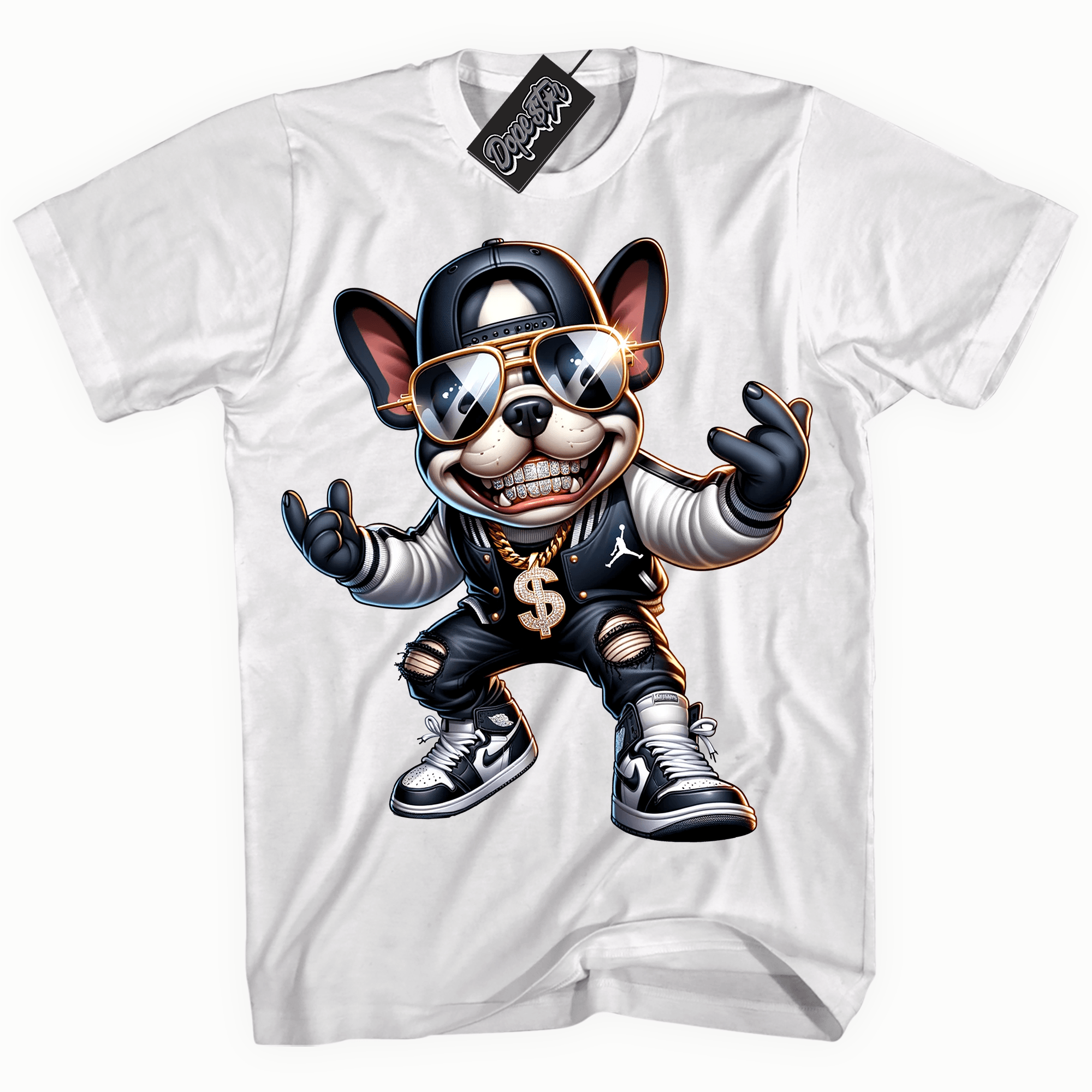 Cool White Shirt With Frenchie OG design That Perfectly Matches Air Jordan 1 Retro High OG Black And White Sneakers.