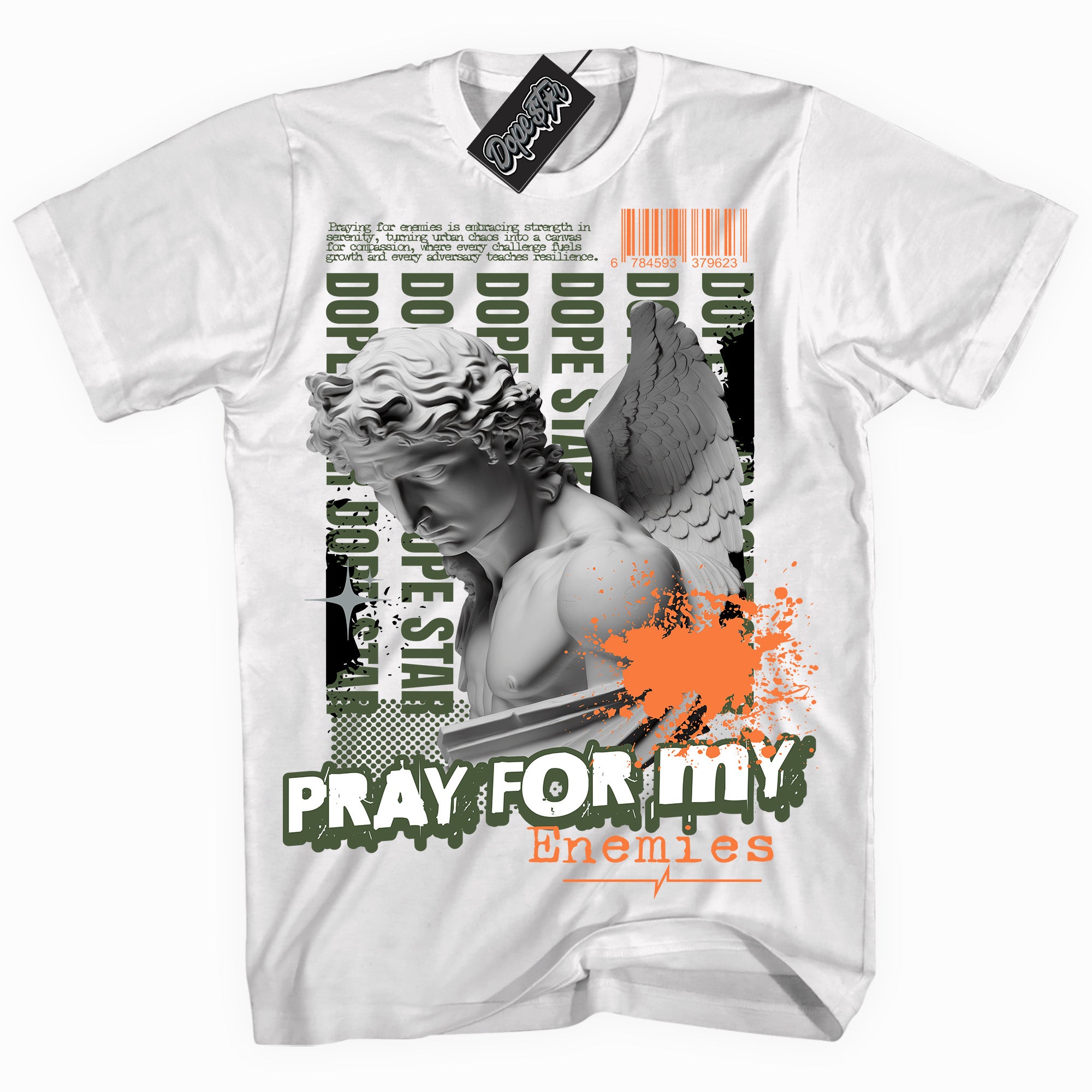 Cool White graphic tee with “ Pray Enemies ” print, that perfectly matches Olive 5s sneakers