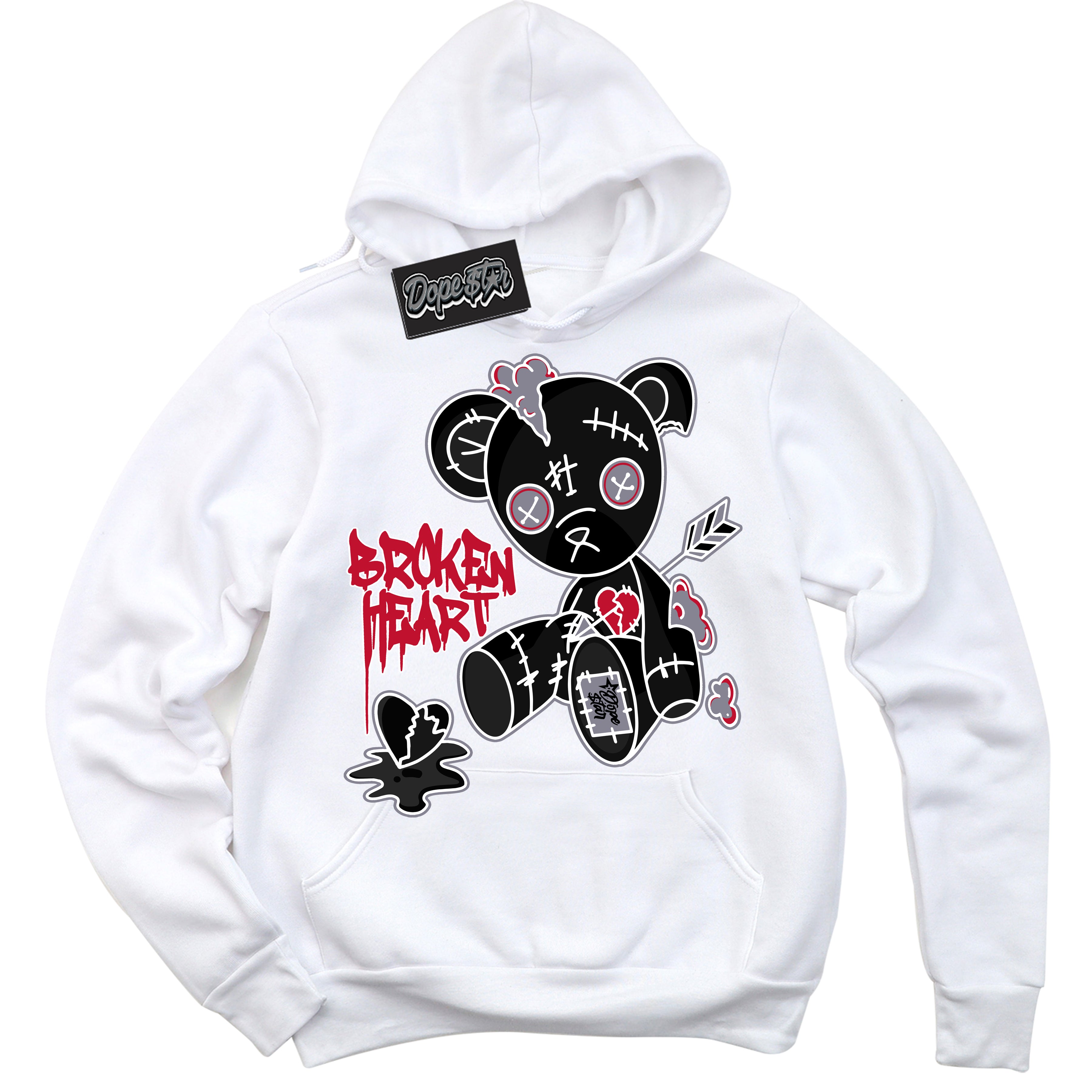 Cool White Hoodie with “ Broken Heart Bear '' design that Perfectly Matches Cement Grey Fire Red 1s Sneakers.