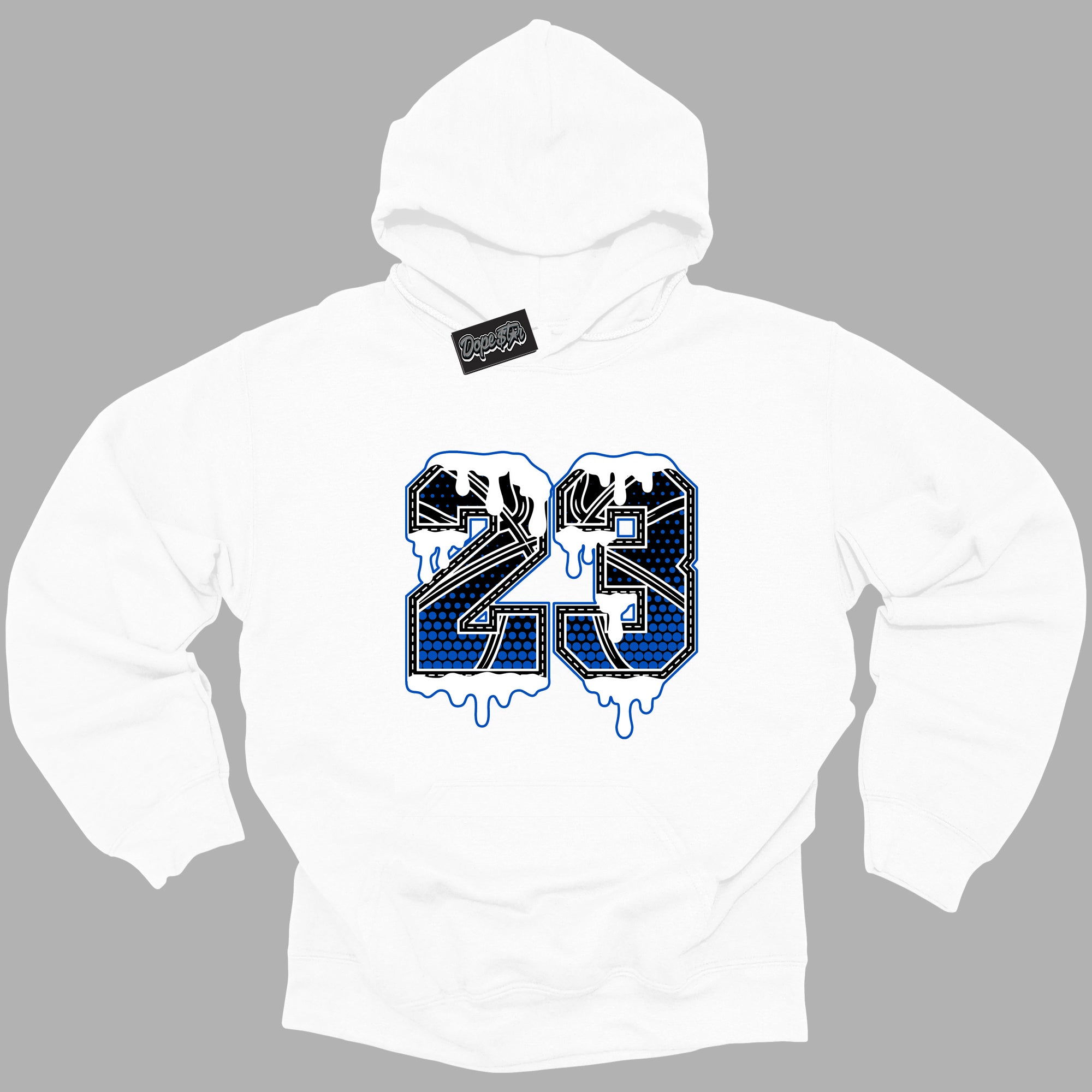 Cool White Hoodie with “ 23 Ball ”  design that Perfectly Matches Royal Reimagined 1s Sneakers.