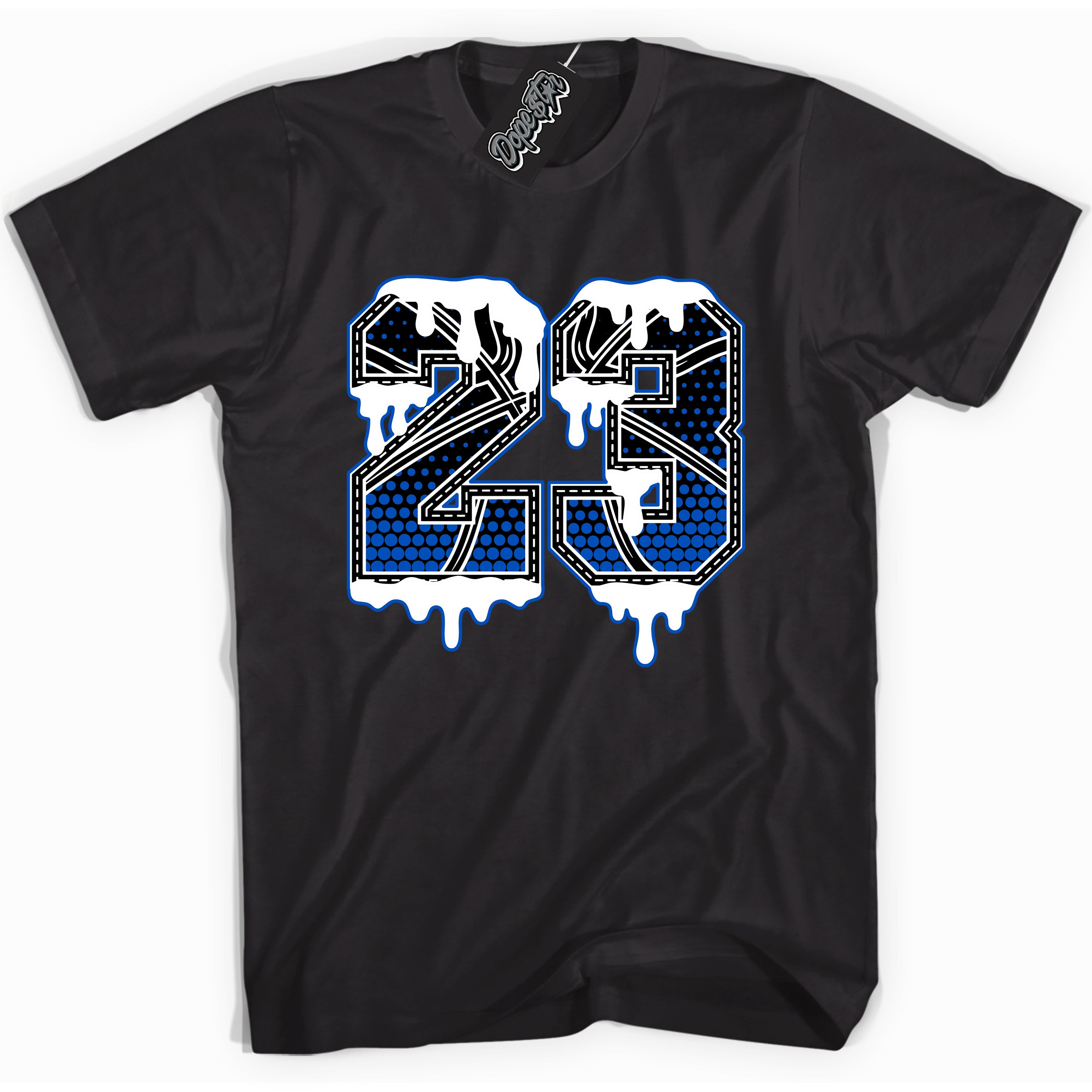 Cool Black graphic tee with "23 Ball" design, that perfectly matches Royal Reimagined 1s sneakers 
