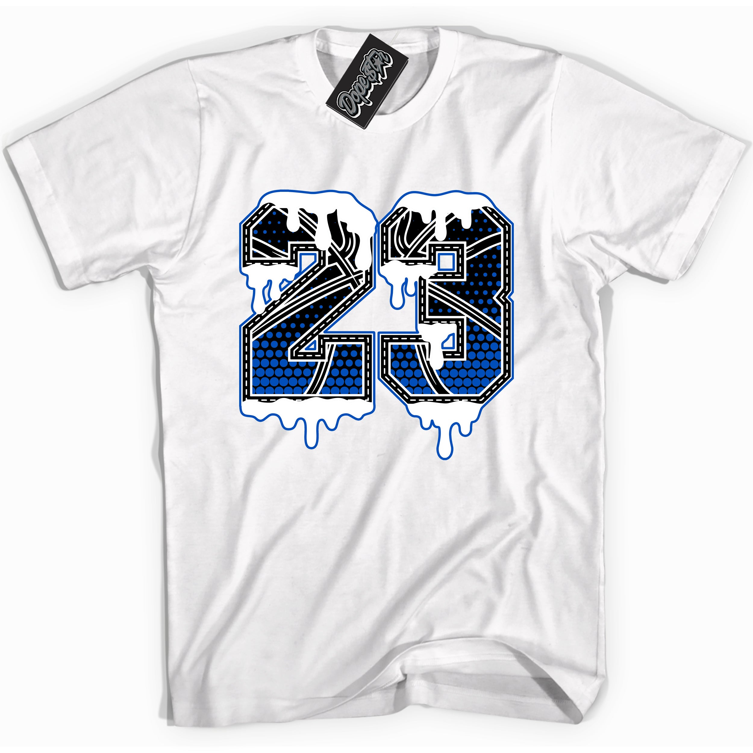 Cool White graphic tee with "23 Ball" design, that perfectly matches Royal Reimagined 1s sneakers 