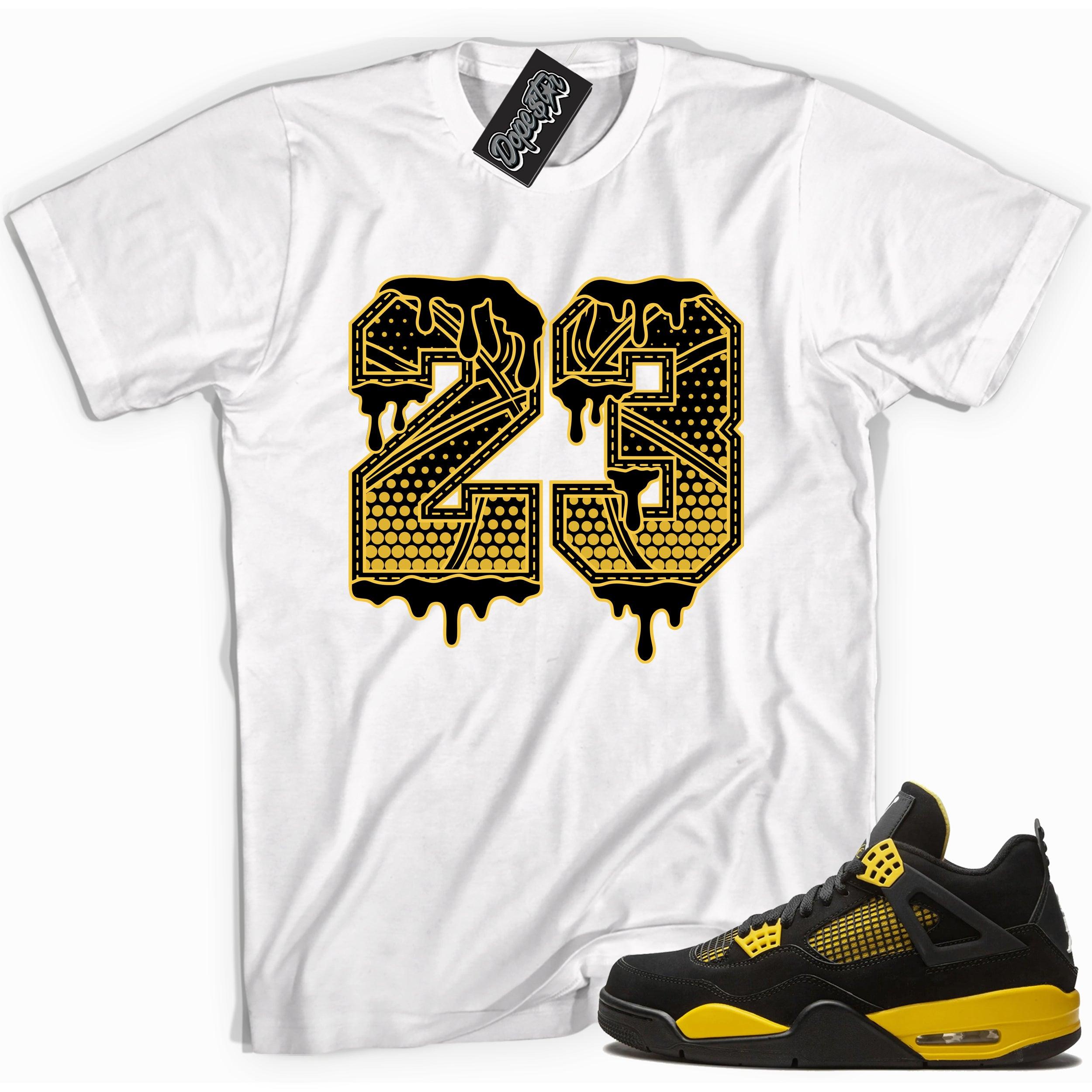 Cool white graphic tee with '23 basketball' print, that perfectly matches Air Jordan 4 Thunder sneakers