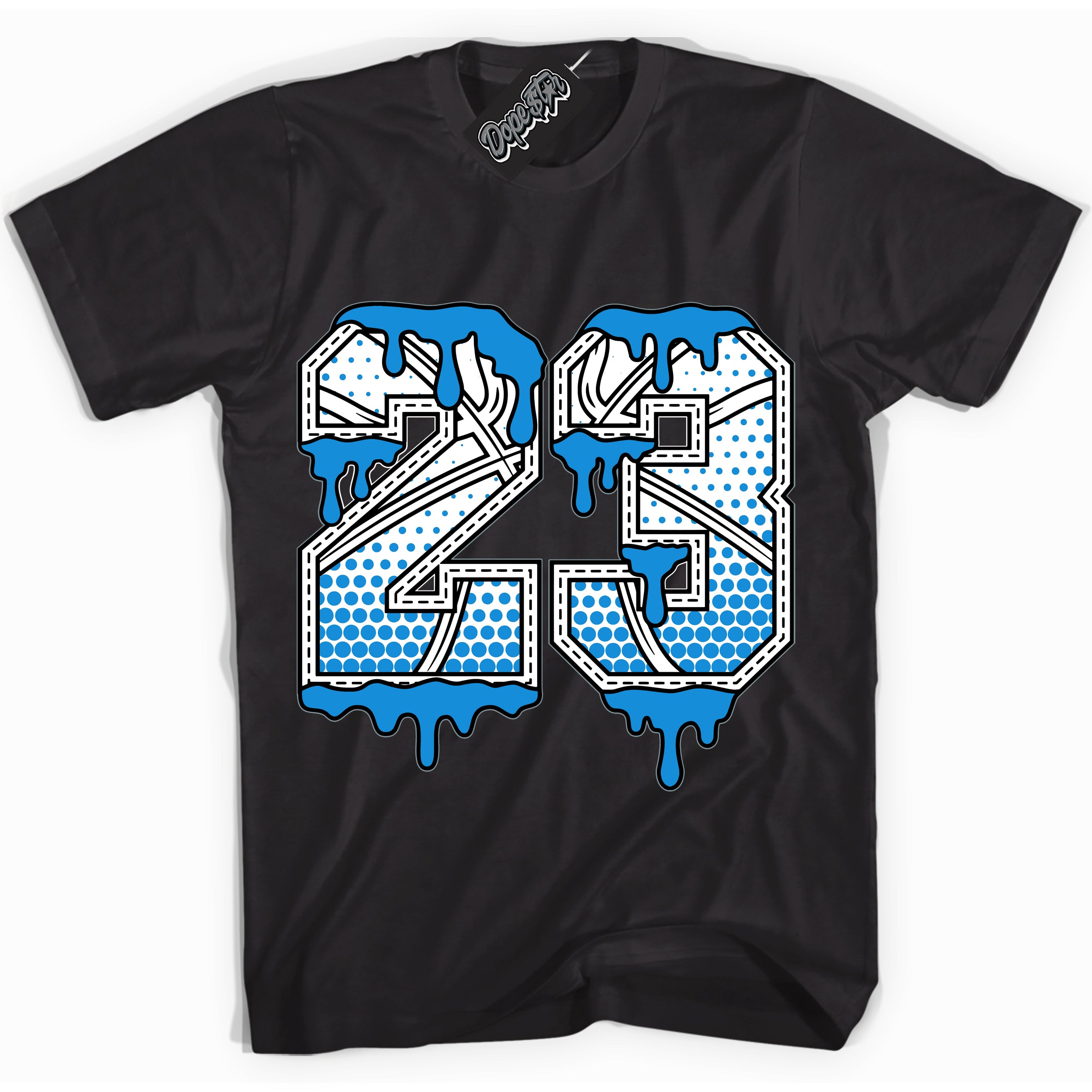 Cool Black graphic tee with “ 23 Ball ” design, that perfectly matches Powder Blue 9s sneakers 